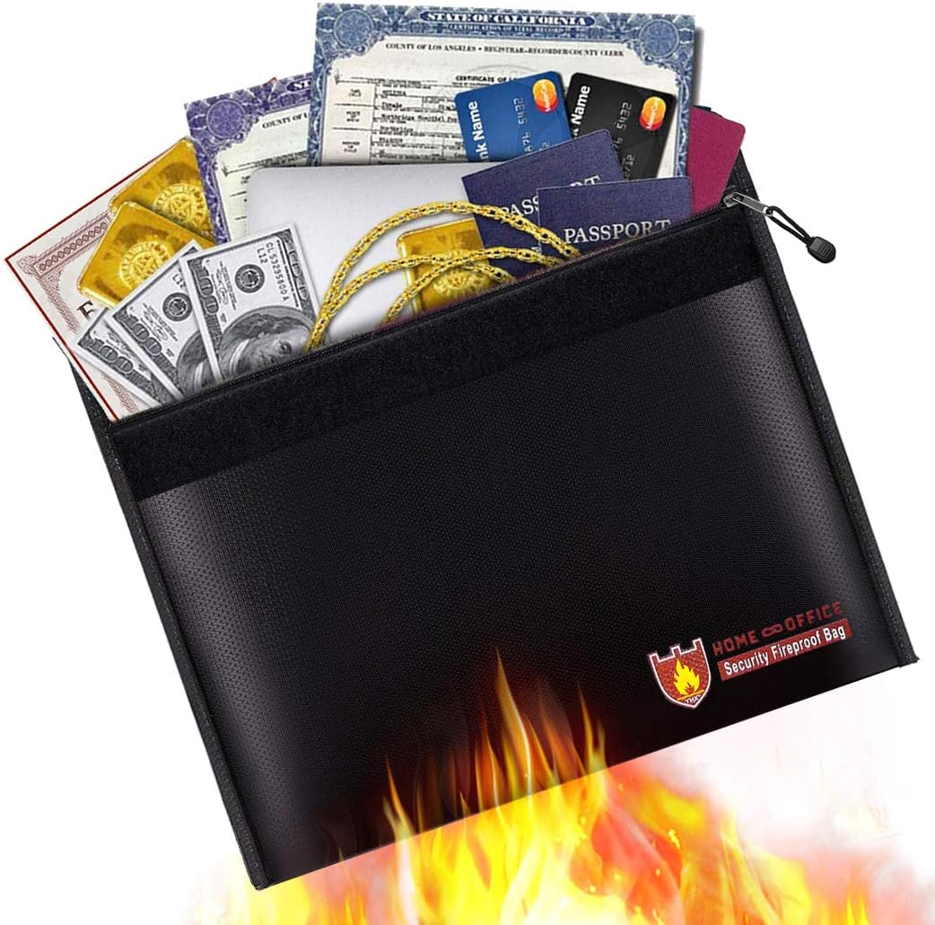 Fireproof Document Bag, Fire Water Resistant Money Bag 15" x 11" Non-Itchy Silicone Coated Document Bag Dual-Layer Fireproof Envelope Holder for Cash, Birth Certificate, Jewelry and Passport(Black)