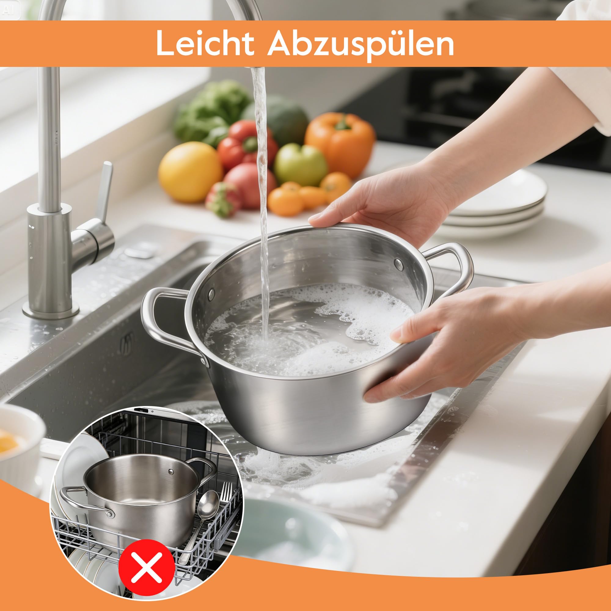 Topfset Induktion 8-Teilig, Kochtopf Set Edelstahl mit Glasdeckel, Töpfe Set für Alle Herdarten, Kochtöpfe Inklusive Stielkasserolle, Spülmaschinengeeignet