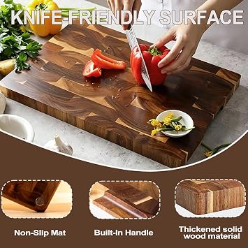 3-Piece End-Grain Wood Chopping Board Set, Wooden Cutting Boards for Kitchen, Reversible Butcher Block, Built-In Handles, Non-Slip Wooden Chopping Board for Kitchen Prep, Meat, Vegetables, Charcuterie