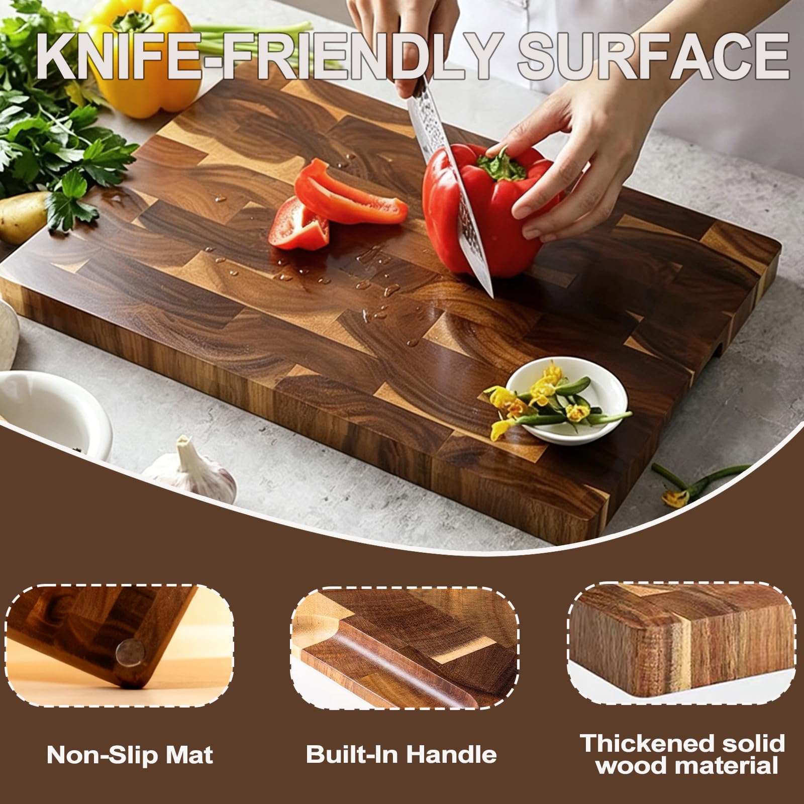 3 tablas de cortar de madera de acacia, tablas de cortar de madera para cocina, tabla de cortar de madera reversible, tabla de cortar de grano final, asas integradas, bandejas de madera para carne
