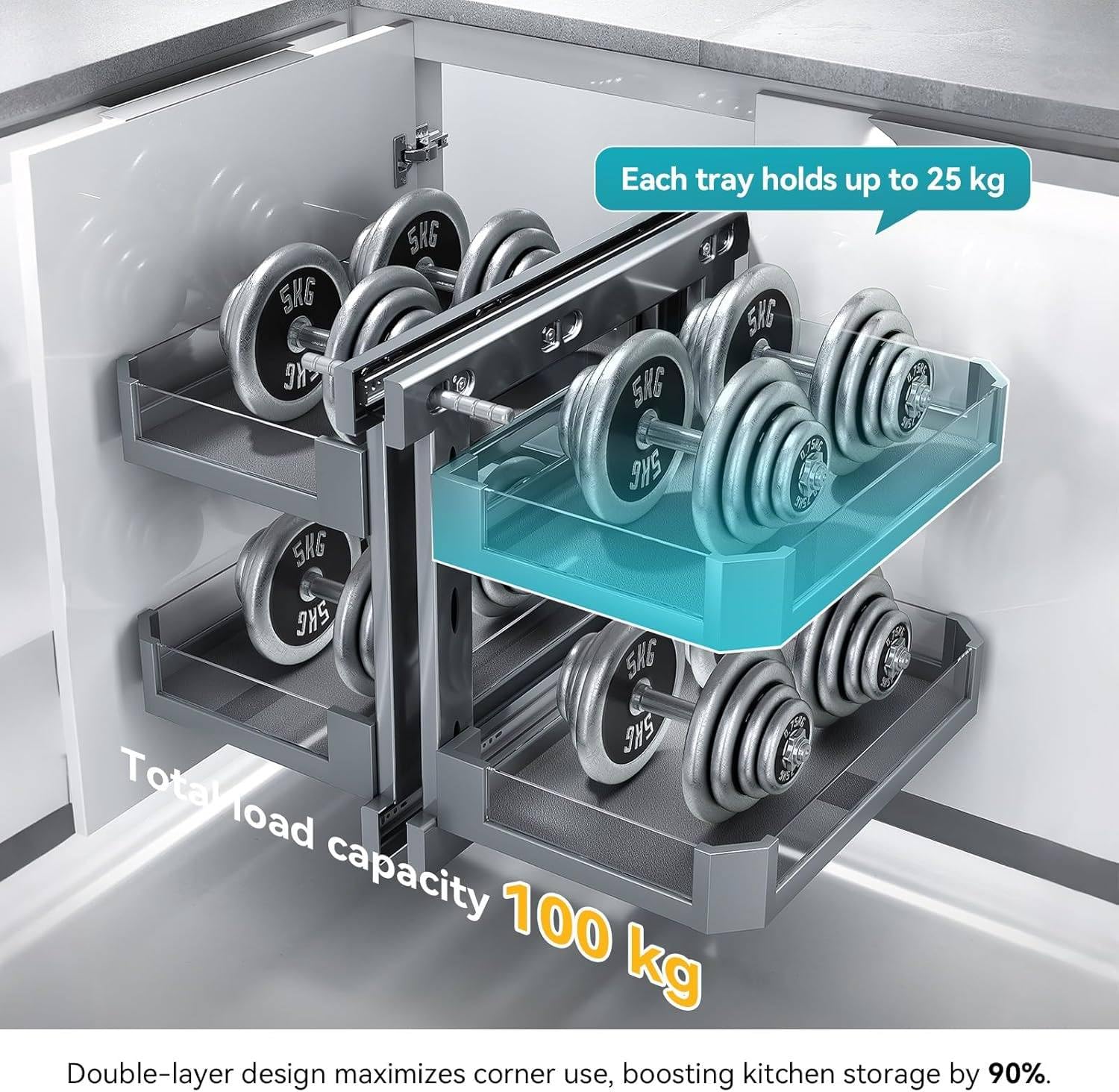 Extraíble ciego esquina organizador con 2 niveles y 4 estantes cestas de metal para cocina o baño almacenamiento optimizado ahorra espacio fácil acceso.