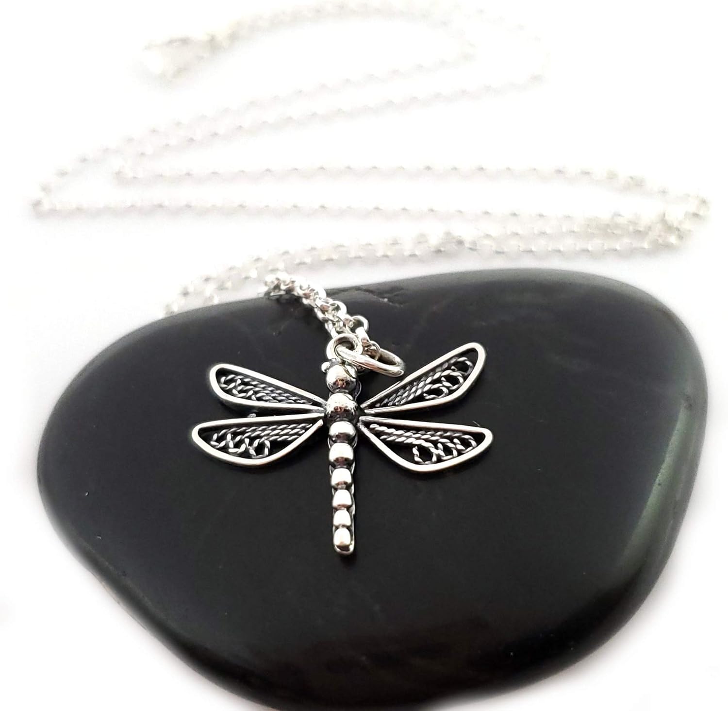 Sterling Silver Necklace – Dragonfly Charm Pendant, Solid .925, 18” Chain, Handmade Gift
