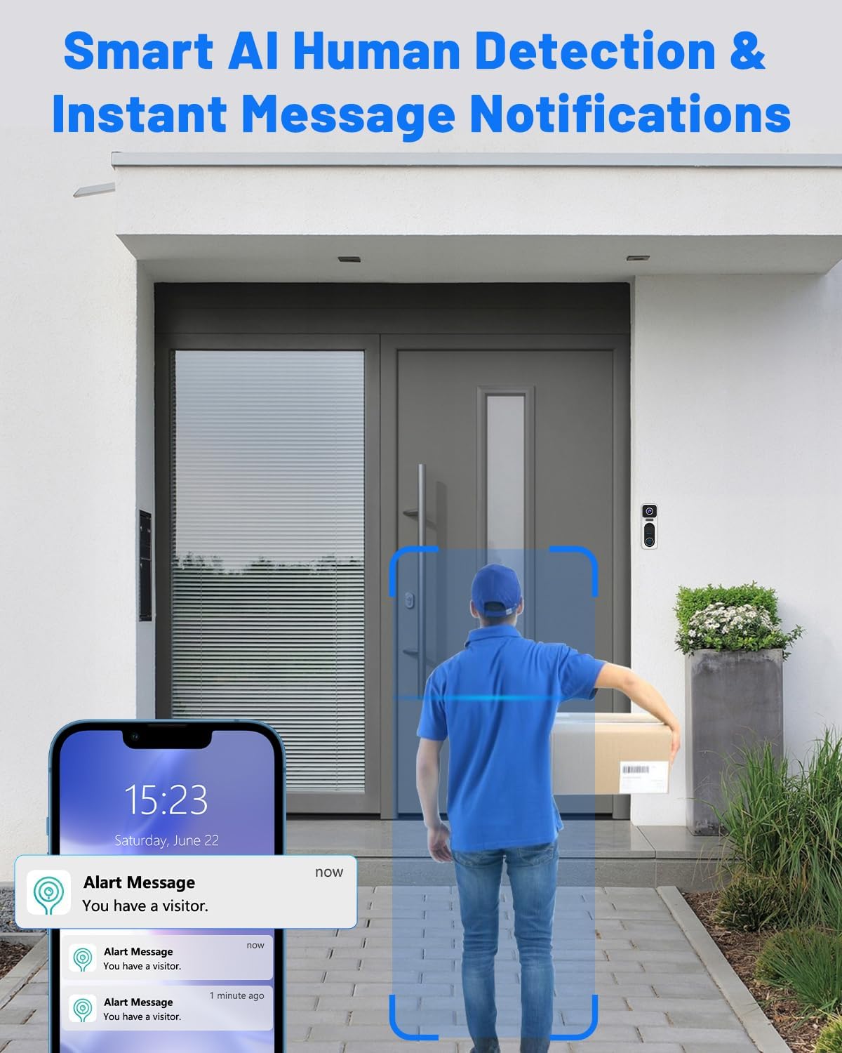 Smartphone screen showing a video call with a visitor, with options for two-way audio, voice changer, voice message, and direct video call. Also shows voice options: Original, Clown, Uncle.