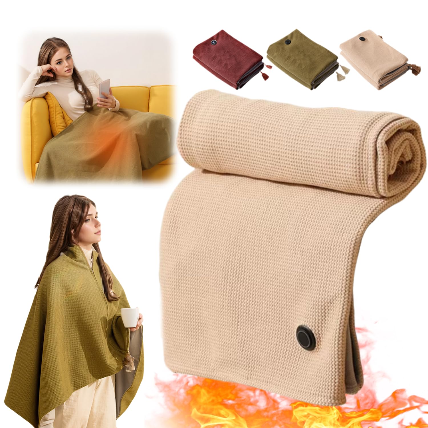 2026 Neu Wearable Elektrische Heizdecke, Portable Heated Shawl, 150x80cm Wärmekissen mit 3 Temperaturstufen Kabellos Wärmedecke Heizdecke Wearable Kuscheldecke mit Zipper Wärmeunterbett (Beige)
