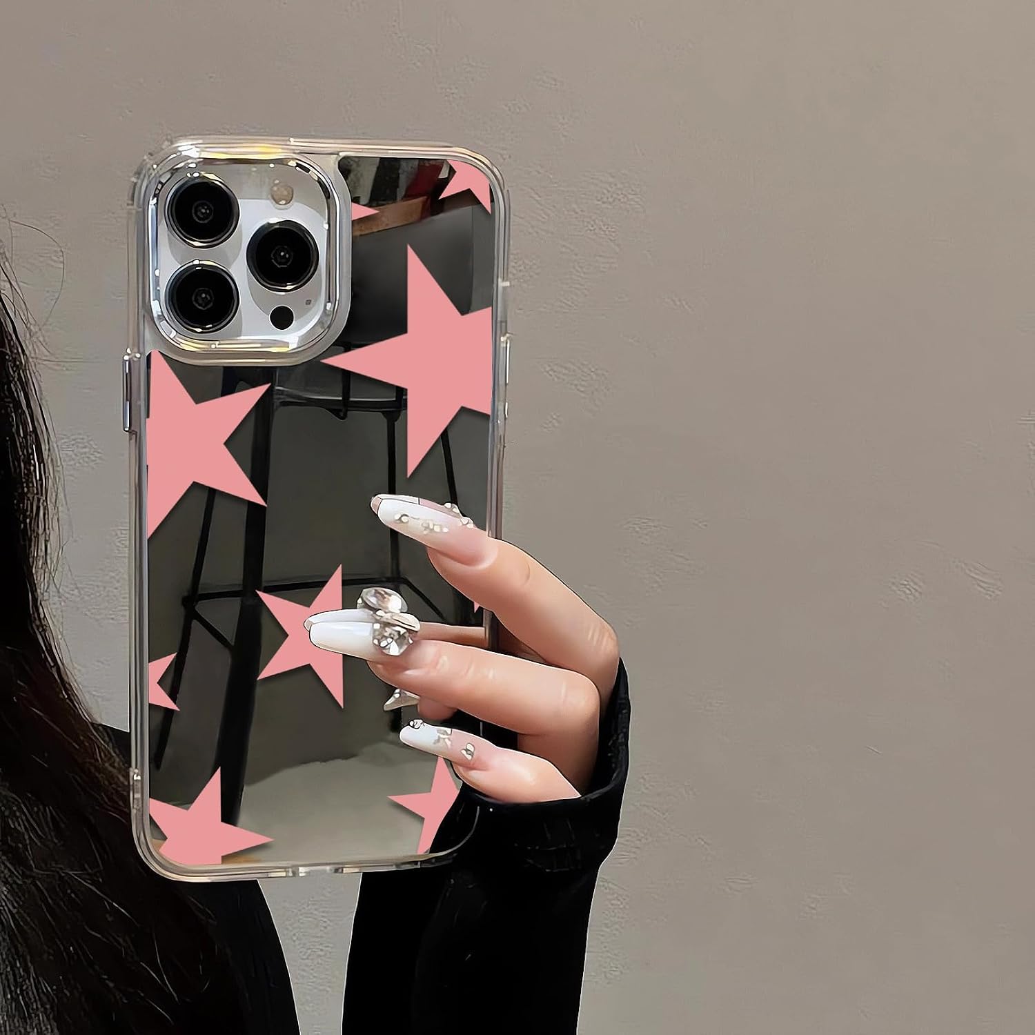 Compatible with iPhone 15 Pro Max Cute Glossy Mirror Case,Pink Cool Stars,Senior Shockproof Protection and Silver Lens Frame for Women Girls man