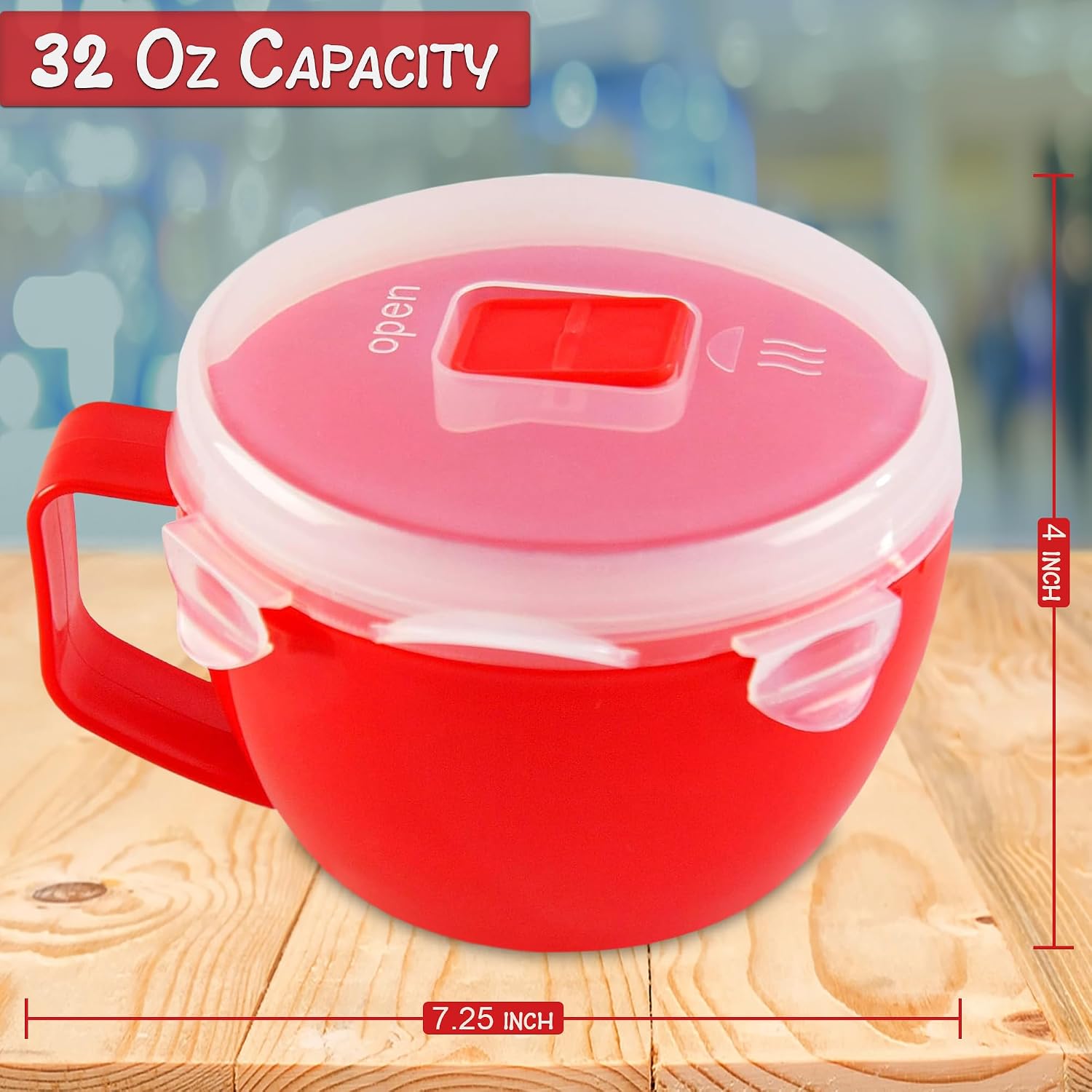 Home-X Microwave Bowl with Lid - Ramen Bowl Microwavable with Steam Release Vents and Easy Locking Clips - BPA-Free, Dishwasher Safe 32oz Soup Mug with Handle Microwave Safe