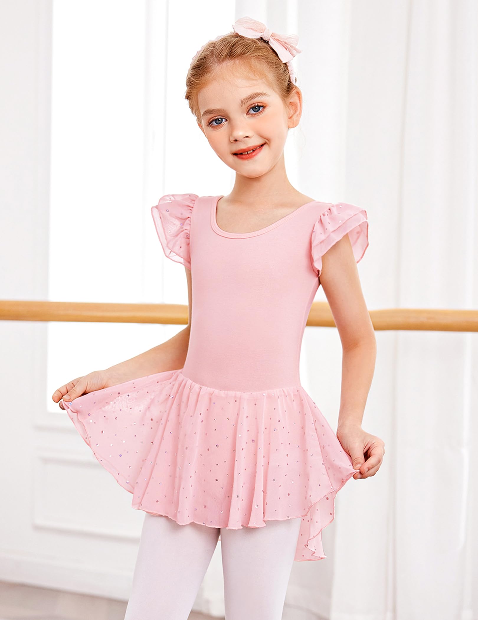 Arshiner Traje de Ballet para Niñas de 2-10 Años Sin Espalda Manga Corta Ropa de Danza Mono de Algodón con Falda Irregular con Lentejuelas — view 2