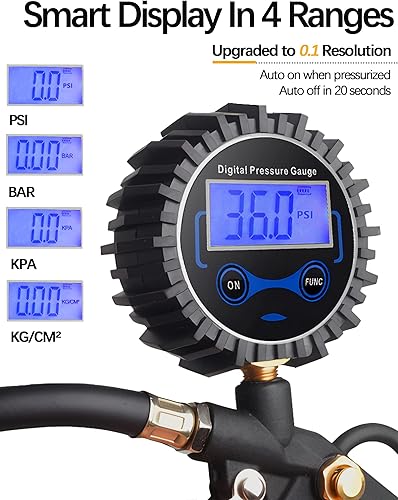 Miniatura 3 de SWICARS Medidor de presión digital con inflador de neumáticos portabrocas de aire de 250 PSI y accesorios de compresor resistentes con acoplador de