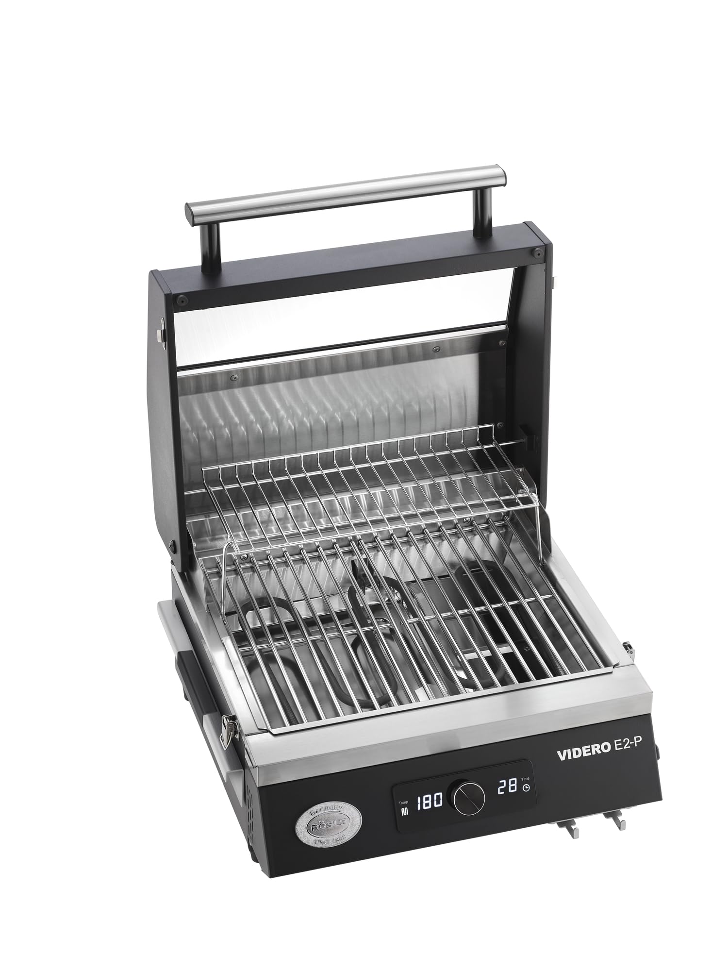 RÖSLE Elektrogrill BBQ-Portable Videro E2-P, tragbarer Tischgrill mit 2 Brennern, Warmhalterost und Deckel mit Glaseinsatz, pulverbeschichteter Stahl, schwarz/silbern