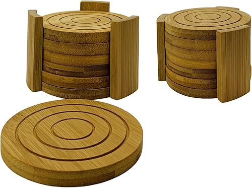 JapanBargain 4101, juego de posavasos de bambú con soporte para mesa de café, juego de 6 piezas, 4.3 x 0.4 pulgadas, 2 juegos
