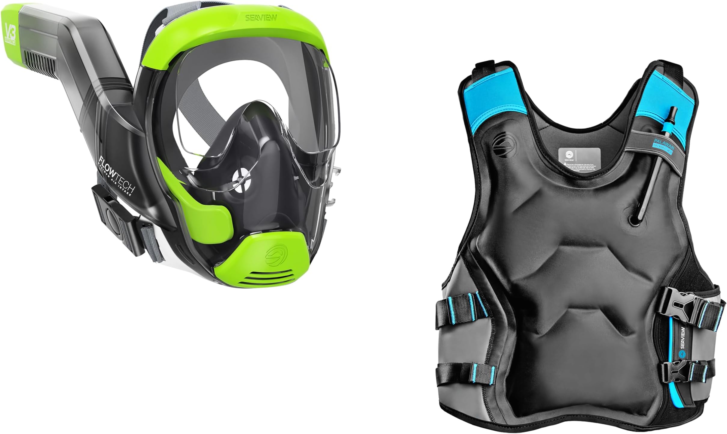 Seaview 180V3 Full Face Snorkel Mask + Palawan Inflatable Snorkel Vest Size L (Bundle Pack) The Perfect Snorkeling Gear for Adults and Kids
