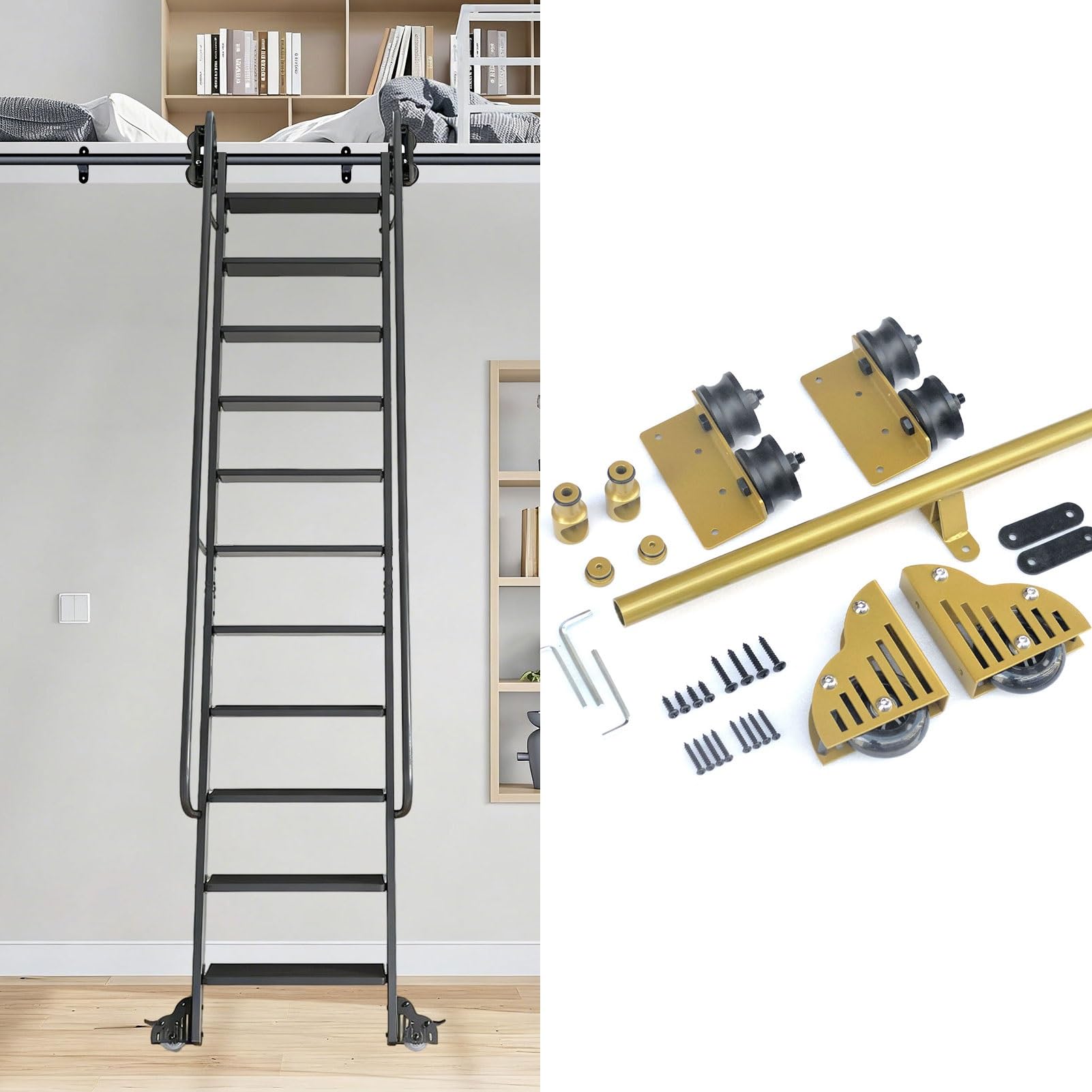 MRVAKDYDI Retractable Rolling Library Ladder Rails Kit, Rolling Library Ladder Hardware Kit 3.3-24ft Track Brake Roller For Loft Attic Wine Cooler(19.7ft/600cm Track kit)