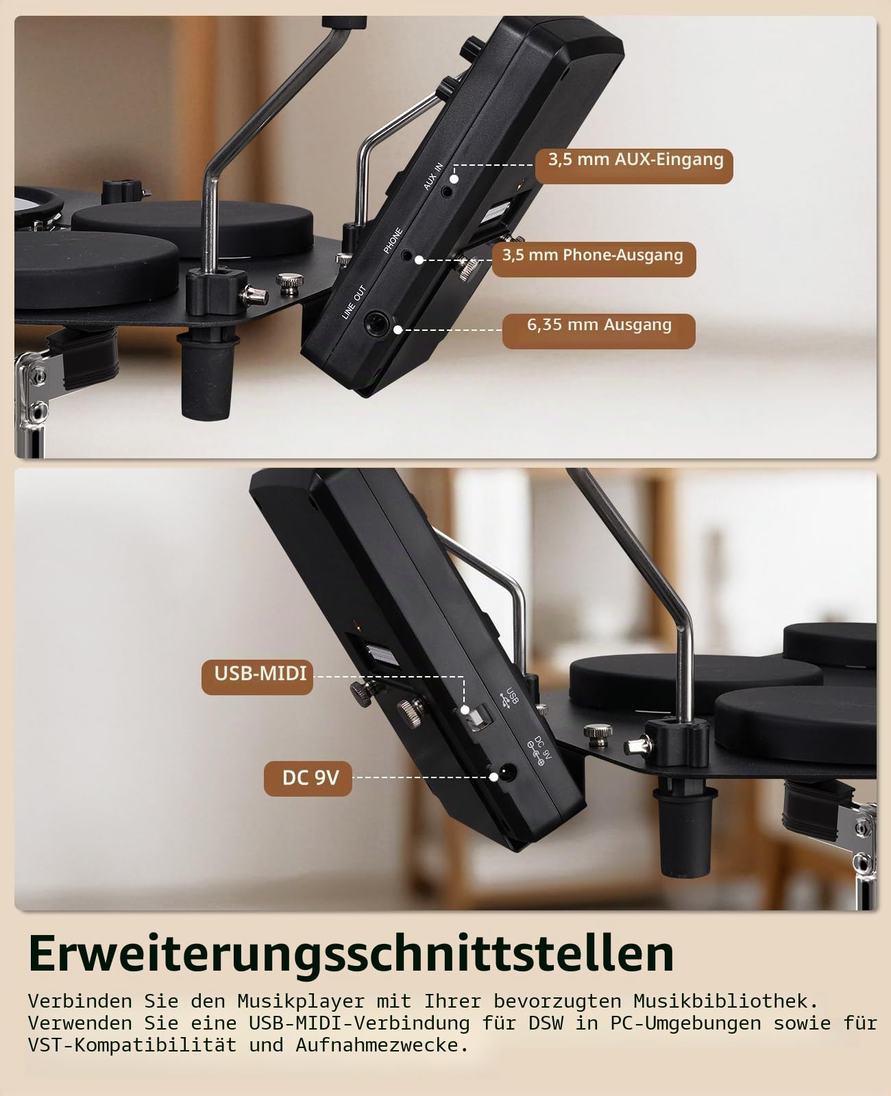 LEKATO Elektronisches Schlagzeug-Set mit leisen Mesh-Pads, CPD-1000 Tragbares elektrisches Schlagzeug-Set, 220+ Sounds, USB MIDI, 2 verbesserte Pedale, Sticks, Reisetasche (Schwarz-Großes Pedal)