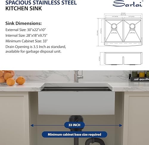 Miniatura 5 de Sarlai - Fregadero de granja de 30 pulgadas, cuenco doble de acero inoxidable de 30 x 22 pulgadas, estación de trabajo de granja de calibre 16,