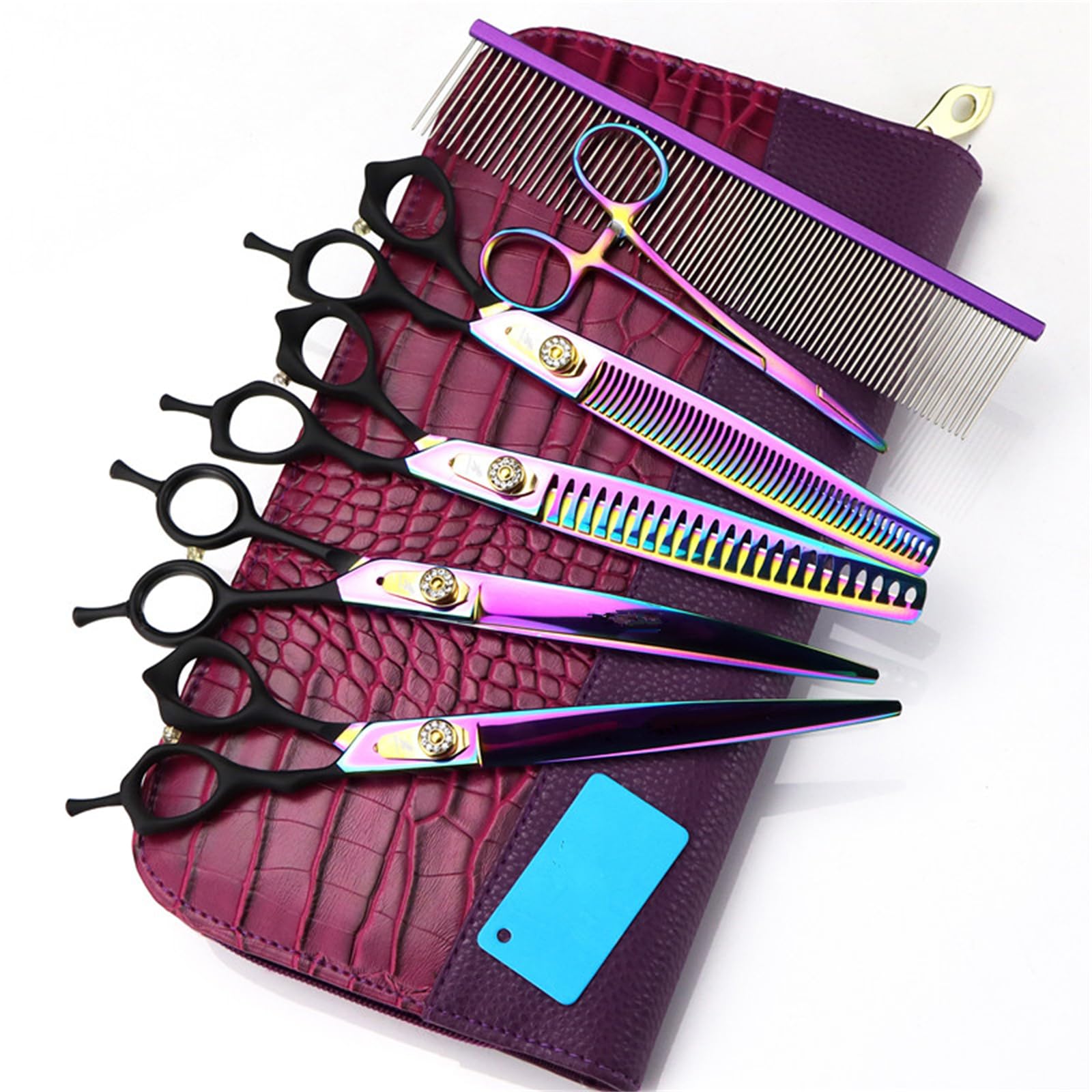 8,0" Hundeschere Set 7 in 1 Fellschere Set für Hunde - gerade gebogene Hundeschere 16/36 Zähne Effilierschere für Hunde mit ergonomischem Griff für Haustier Fellpflege