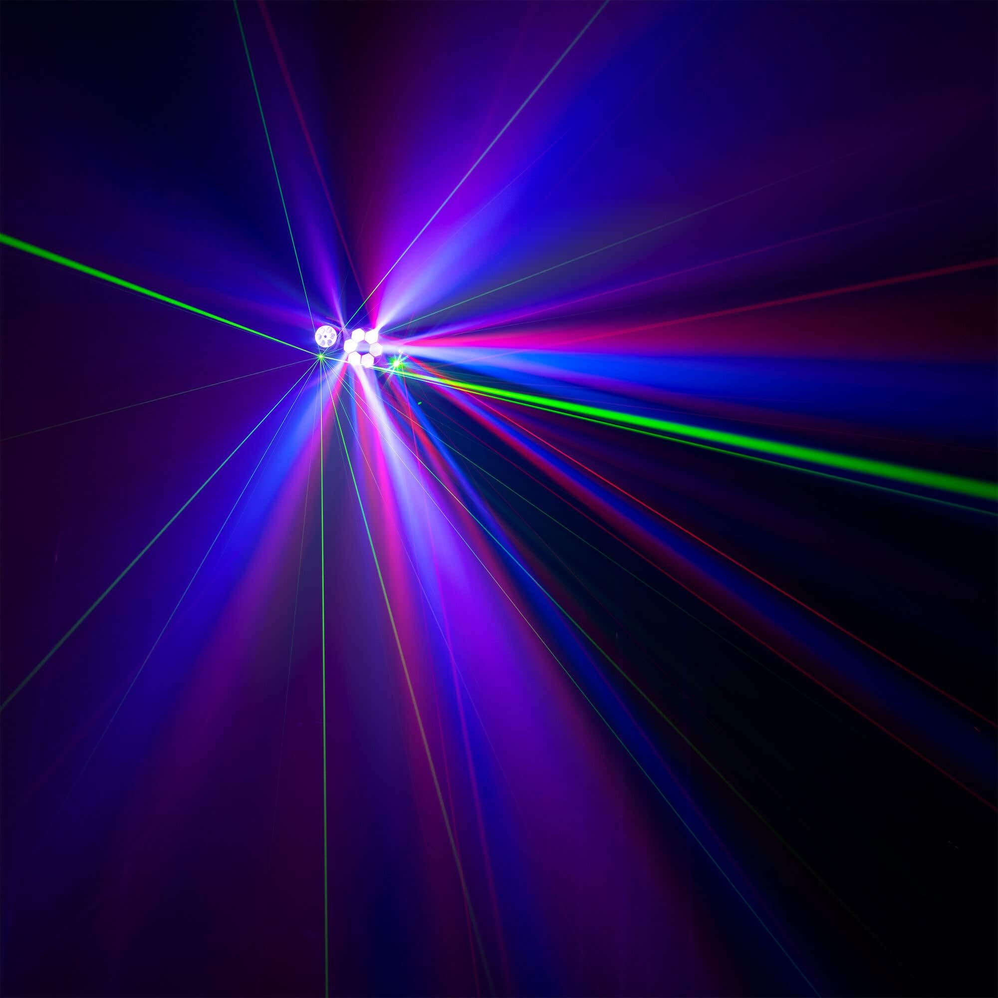 Fuzzix Stellar2 Jeu de Lumière LED Triple Effet, Derby RGBW, Gobo Rotatif & Stroboscope, Télécommande Incluse, Modes Auto & Musical, Éclairage DJ, Bars, Clubs et Événements Festifs