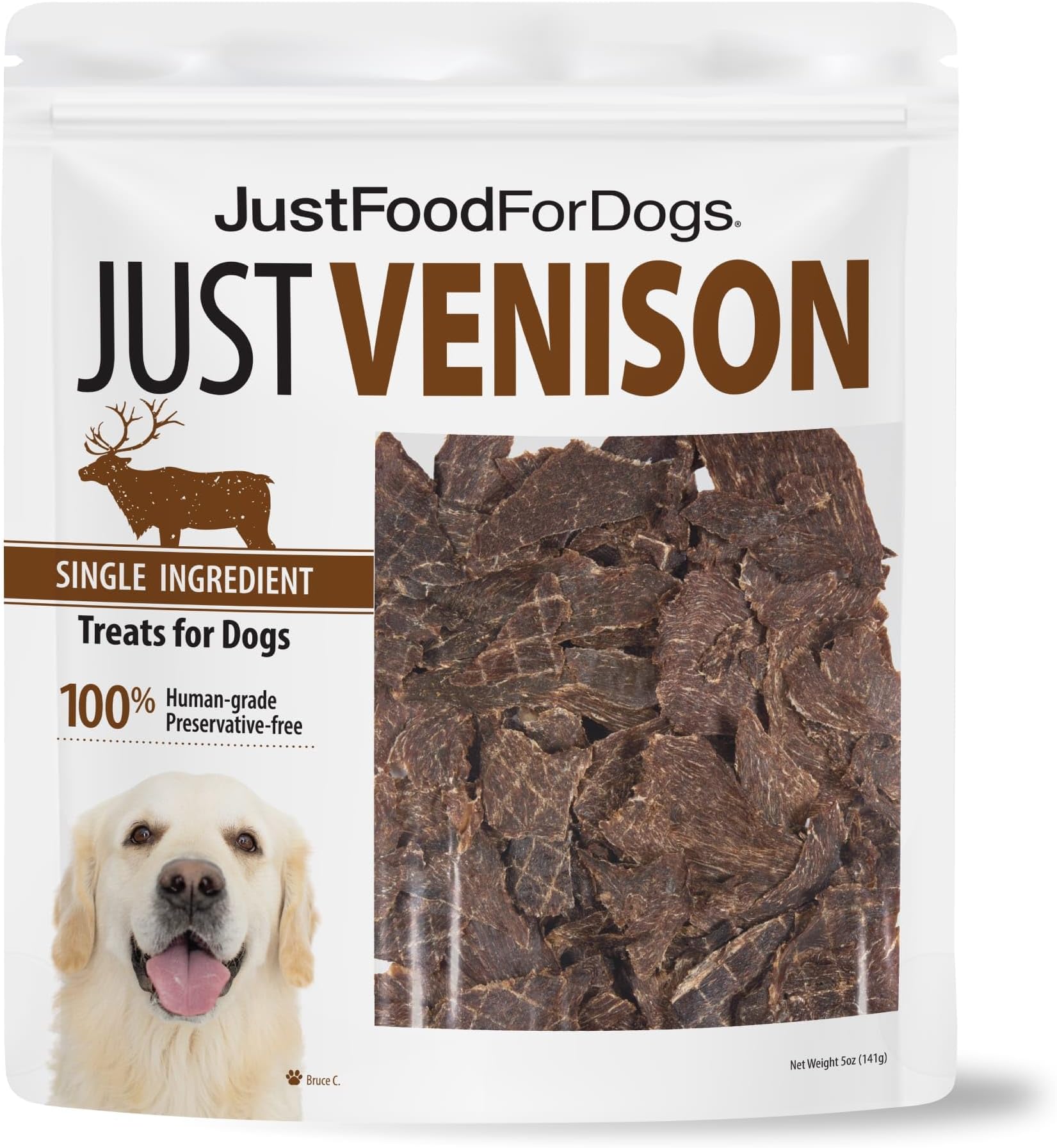 JustFoodForDogs Limited Ingredient Healthy Dog Treats and Dog Snacks, Jerky Treats, Human Grade, Preservative Free, Rawhide Free Chews, Low Calorie Treat - Venison Bark, 5 oz