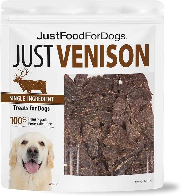 Petisco de carne seca para cães Venison Bark JustFoodForDogs, ingredientes limitados, 142 g