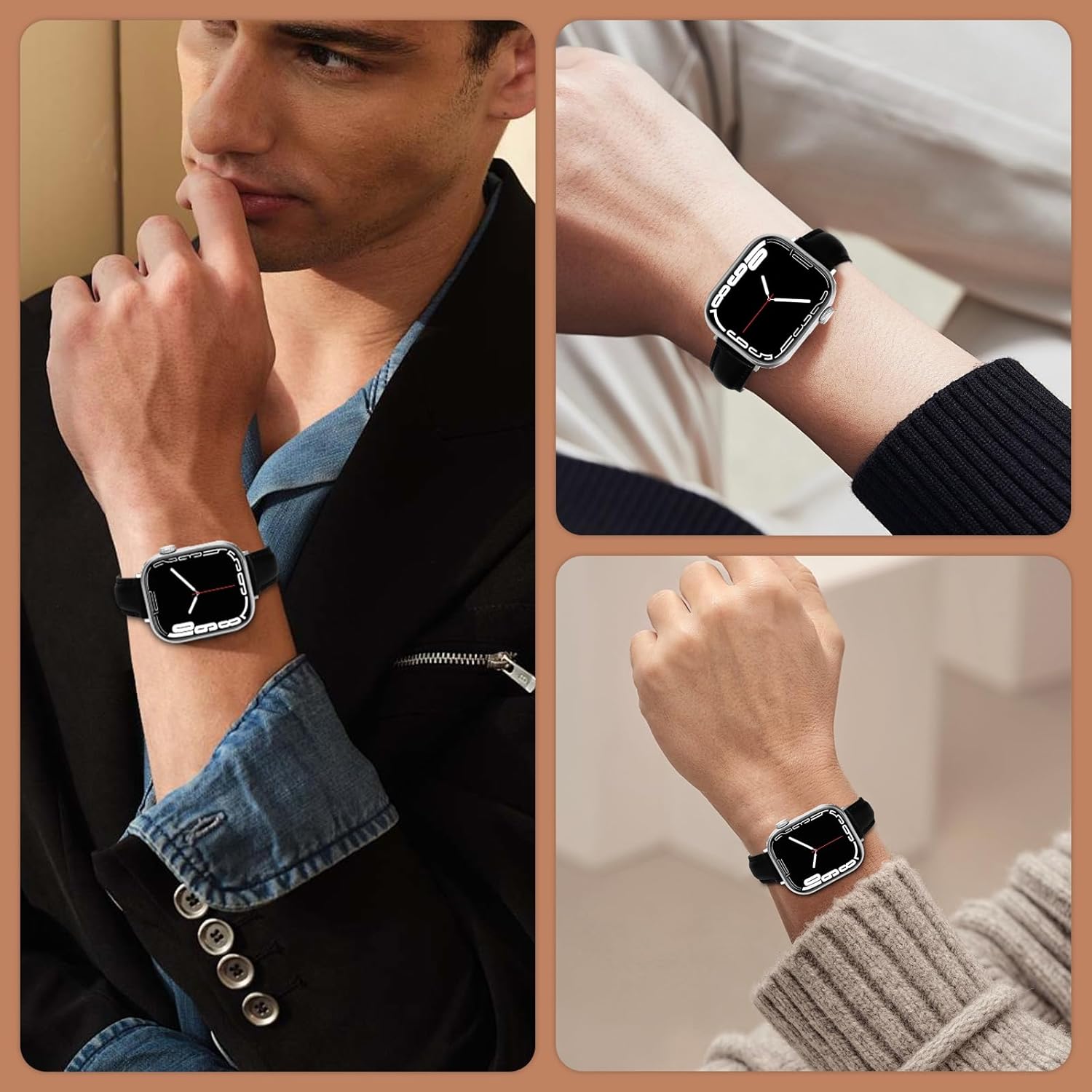 Slim Genuine Leather Band Compatible with Apple Watch 49mm 46mm 45mm 44mm 42mm 41mm 40mm 38mm for Women Men, Multiple Colors Straps for iWatch Series 11 10 9 8 7 6 5 4 Ultra SE 3 2 1