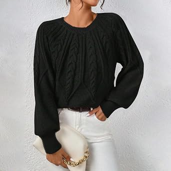 Kubbon Womens Sweaters Solid Knit Cable Sweater Cable Knit Chunky Pullover Jumper Soft Comfy Crewneck Cropped Tops