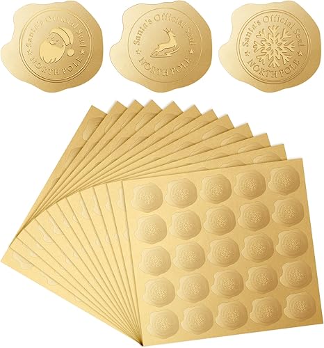 300 calcomanías de sello de cera de Navidad en relieve dorado, adhesivo de Papá Noel, copo de nieve, poste norte, sello oficial para recuerdos de