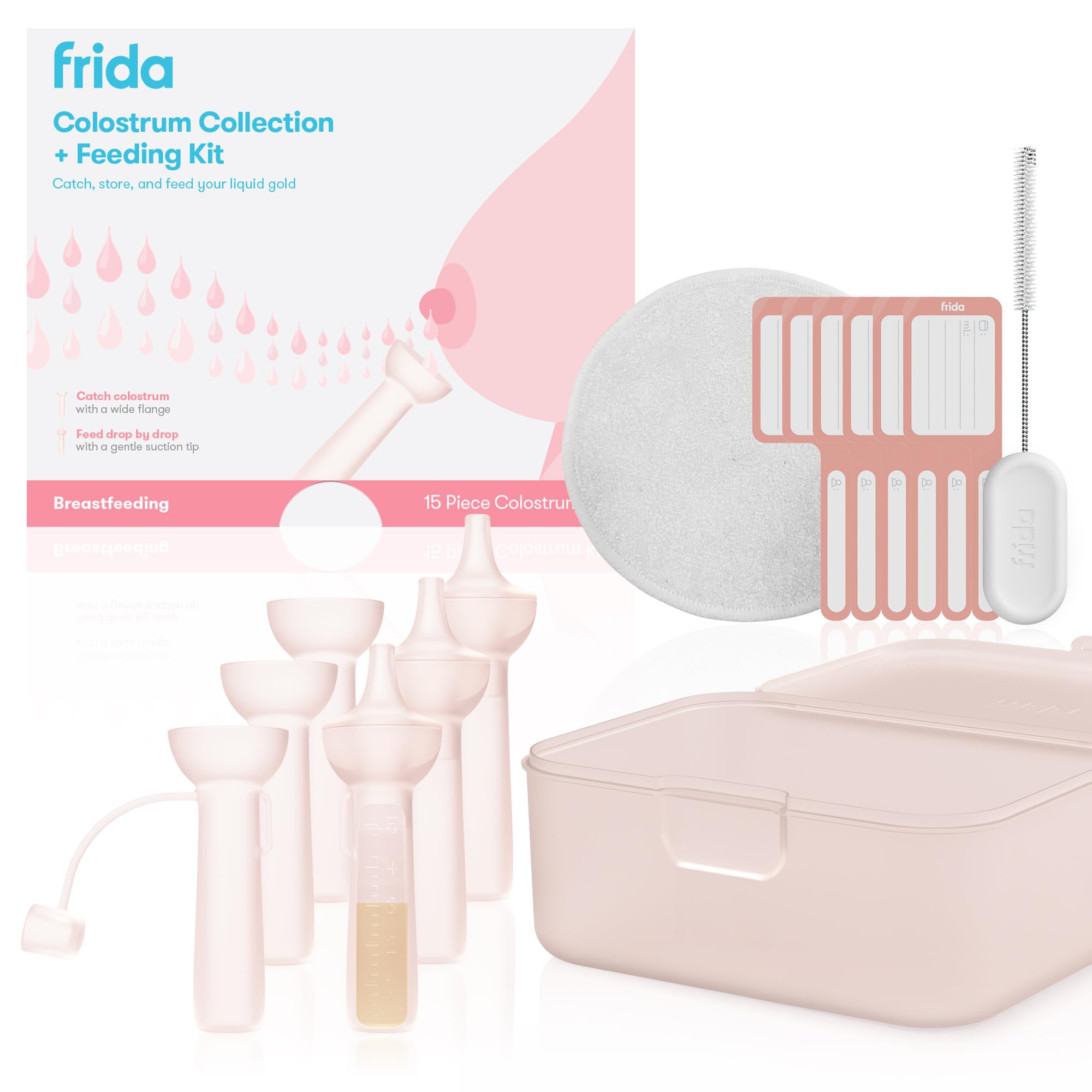 Frida Mom Colostrum Collection Kit, Catch, Store & Feed Breastmilk, Includes 6 Colostrum Collectors, 6 Labels, Cleaning Brush, Cloth & Case, Hospital
