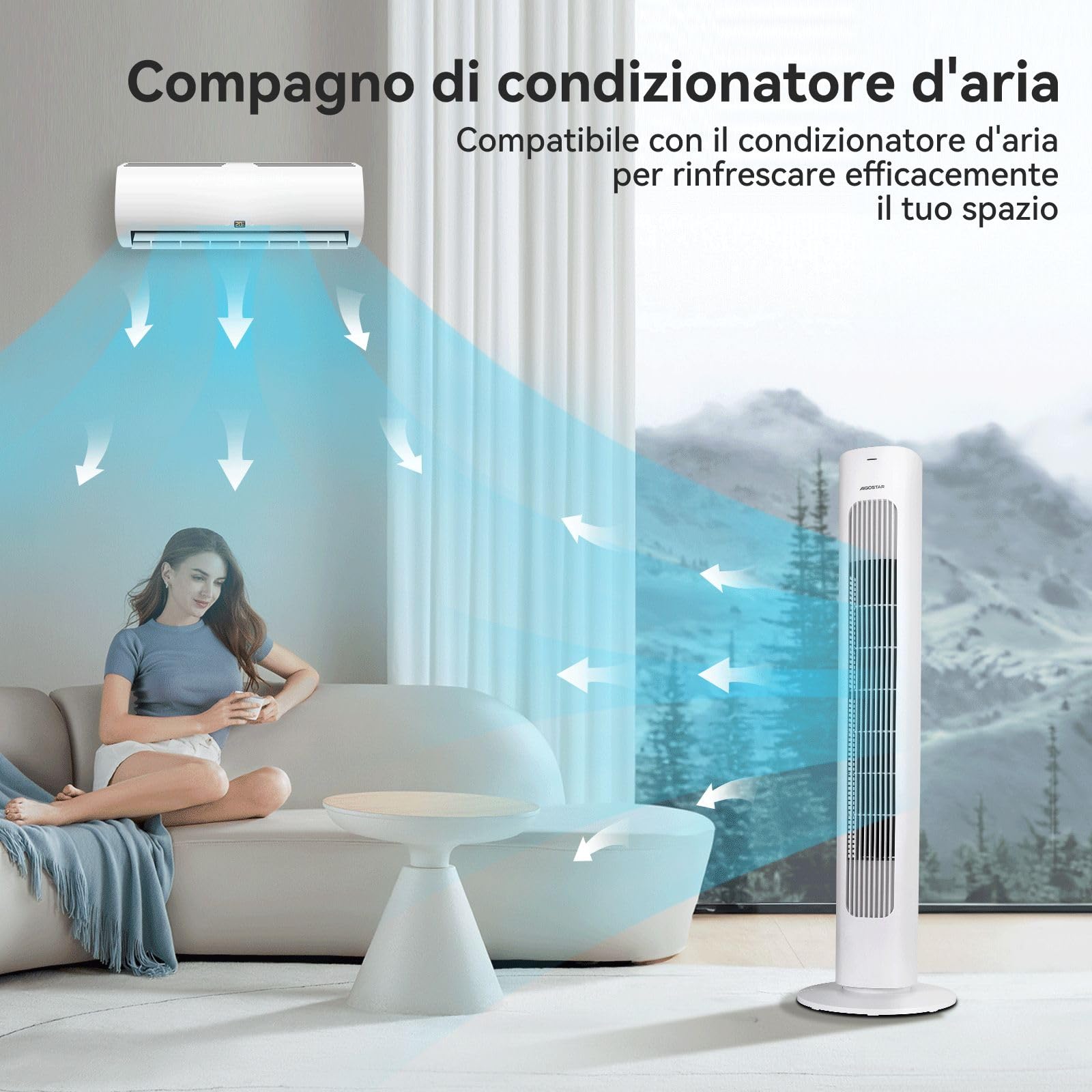 Aigostar Robert - Ventilatore a Torre con Telecomando e 3 Velocità e 3 Modalità di Vento, Ventilatore Senza Pale, Timer, 50W, Oscillazione a 70°, Display LED, Adatto per Casa e Ufficio, Bianco