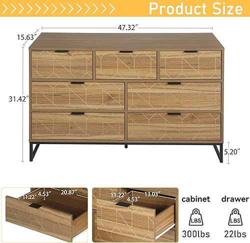Miniatura 6 de Cómoda de 7 cajones para dormitorio, moderna de mediados de siglo de 47 pulgadas de ancho, 7 cajones, organizador de armario de almacenamiento de