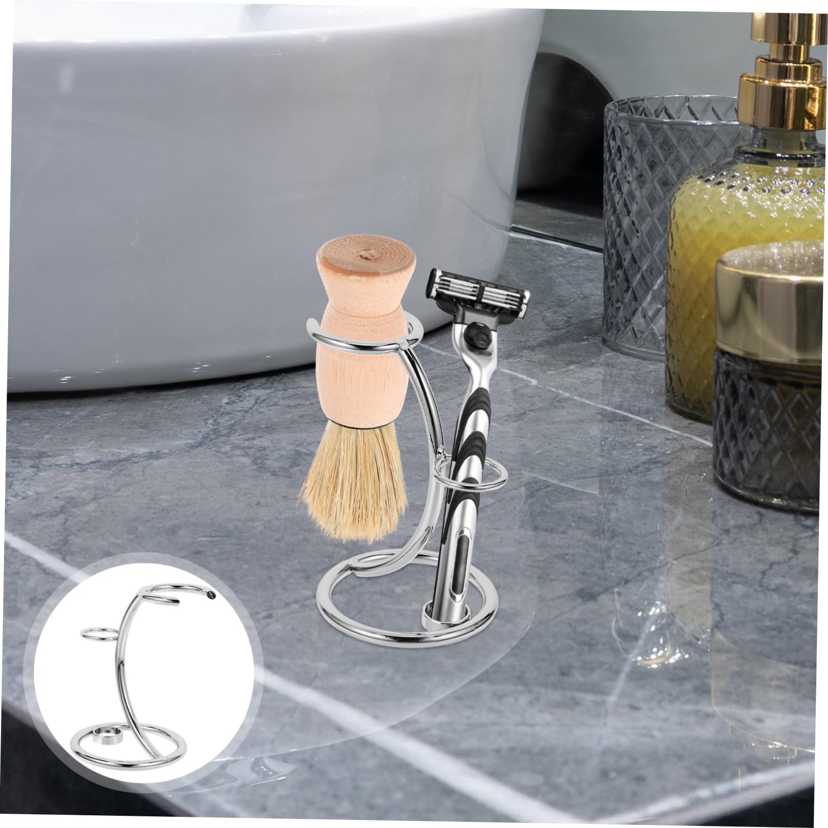 FRCOLOR 3pezzi Supporto Per Rasoio Acciaio Inossidabile Con Base Antiscivolo Porta Rasoio e Spazzola Per Della Barba Design Elegante e Funzionale Per Bagno e Accessori Da Barba