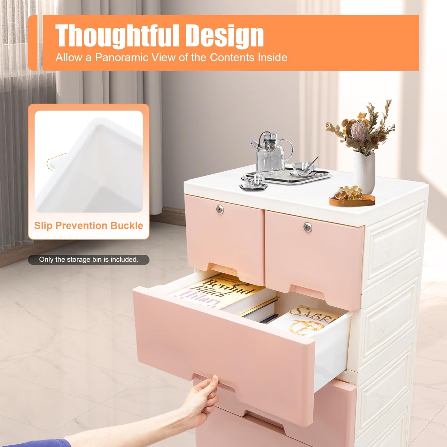 Plastic Drawers Dresser, 6 Drawer Storage Cabinet with Lock and 4 Wheels, Stackable Storage Drawers, Tall Dresser Organizer for Organizer Unit Home Office Bedroom