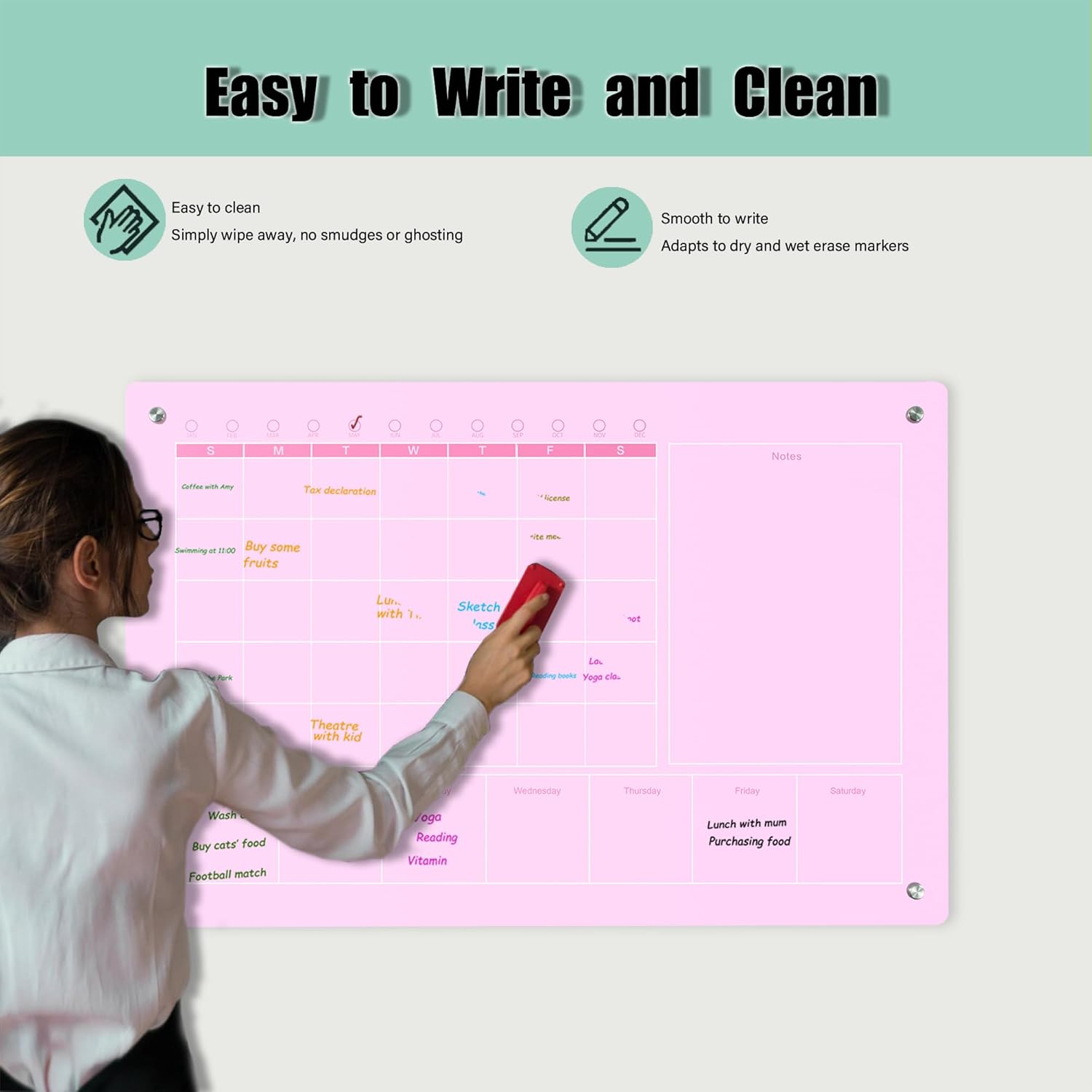 Large Acrylic Calendar for Wall,24"X16",Acrylic Dry Erase Calendar for Wall,Pink Dry Erase Board for Home/Office