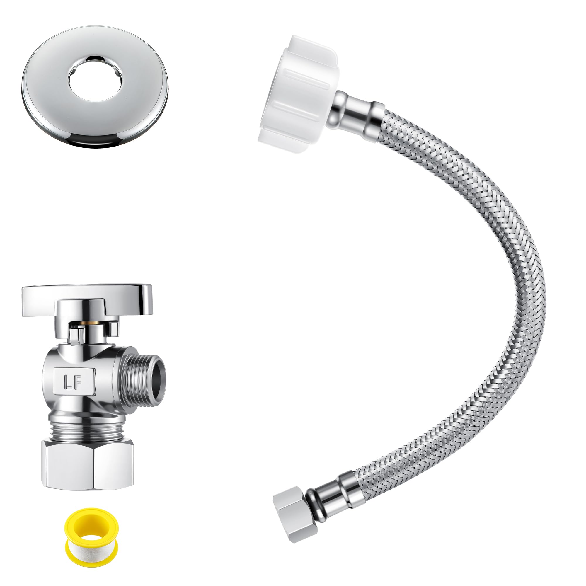 Photo 1 of 1 Pack Complete Toilet Valve Set, Includes 1/2'' Nom Inlet x 3/8'' OD Compression Outlet Angle Shut Off, 7/8" BC x 3/8" COMP Toilet Water Supply Line, Escutcheon Plate, Sealing Tape (9 Inch)