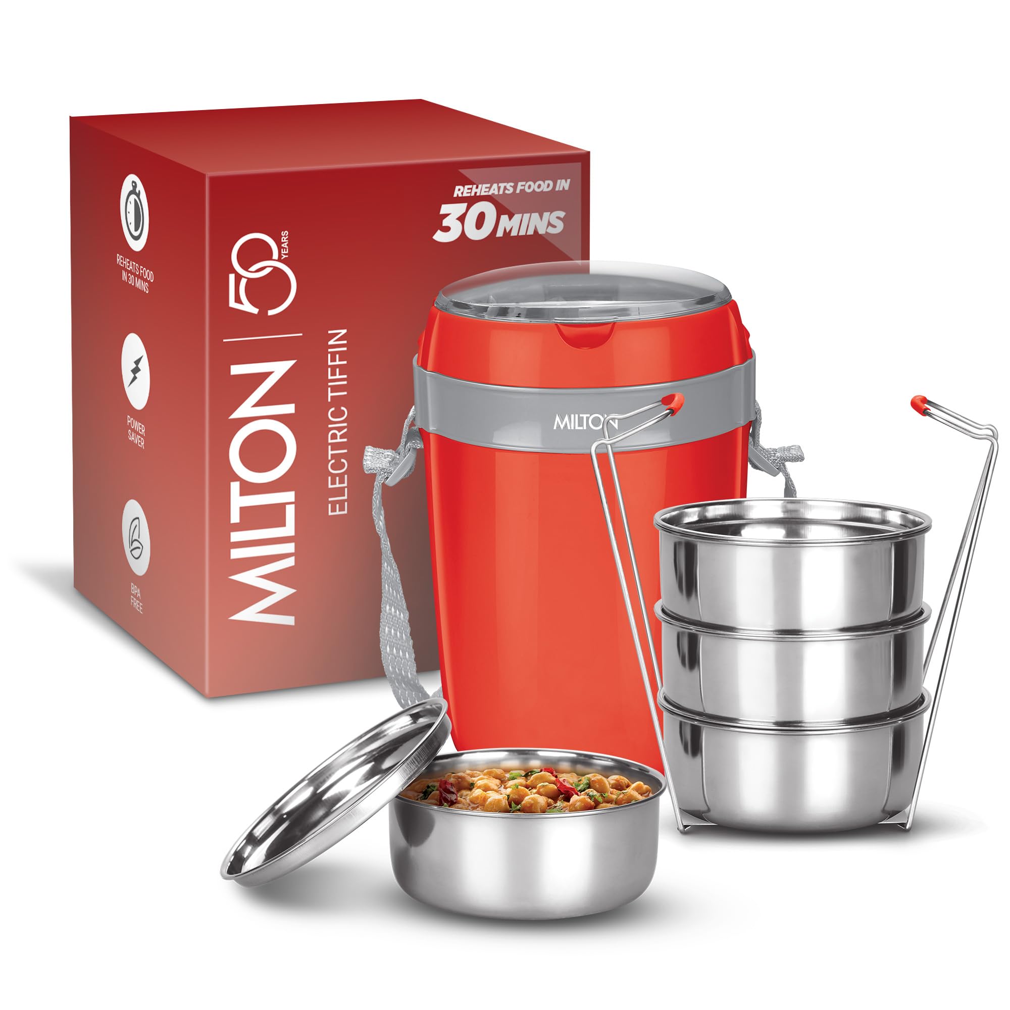 MILTON Futron Portable Electric Lunch Box I 4x360 ml Stainless Steel Containers I Auto Shut Off I Cool Touch Shock Proof Body I Perfect Hot Food Ideal for Office, Hostel, Travel I Red