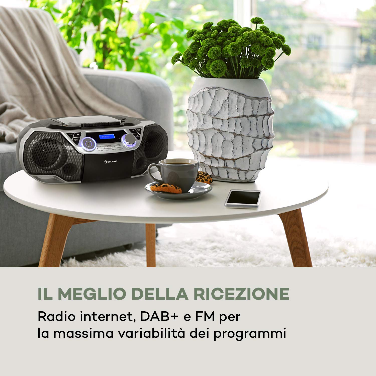 auna Roadie 2K - Boombox, Radio DAB+/FM, Lettore CD, CD-R/CD-RW/CD-MP3, Radiocassette, Portatile, USB, MP3/WMA, Bluetooth 5.0, AUX, Alimentazione a Corrente e Batteria, Argento