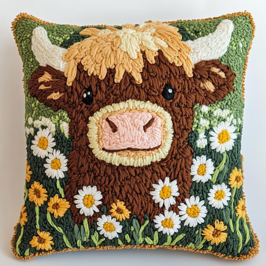 DIY Punch Needle Pillow Kit Cute Highland Cow Daisy Flowers with Pattern and Hoop Handmade Embroidery Punch Needle Starter Pillowcase Set for Home Sofa Decor 43x43cm-1-58