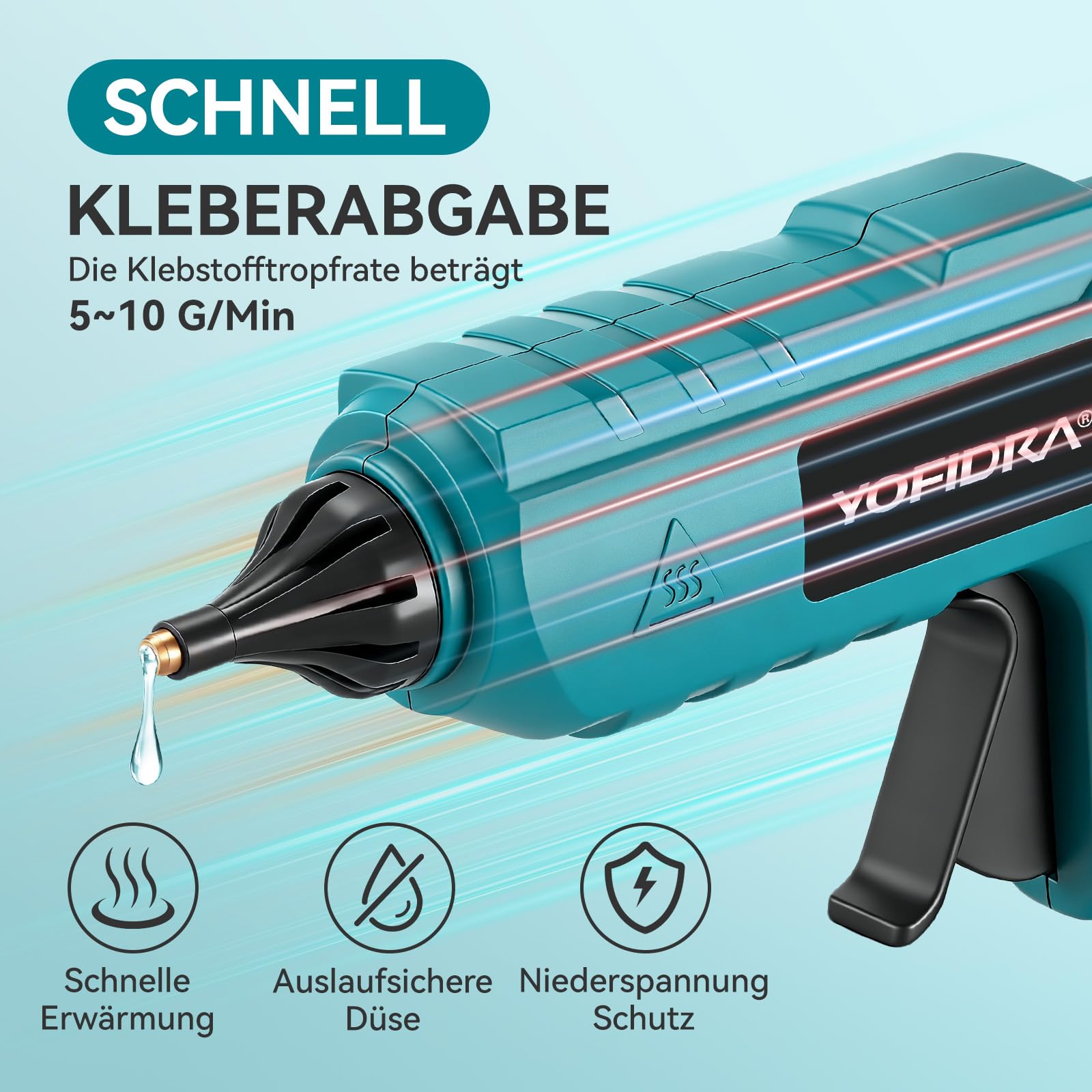 Yofidra 100W Akku Heißklebepistole Kabellos - Heissklebepistole mit 10 Klebesticks(11mm), 2 2.0Ah Akku und und Ladegerät, Schnell Aufheizung, Ideal für DIY, Reparaturen und Basteln, Blau