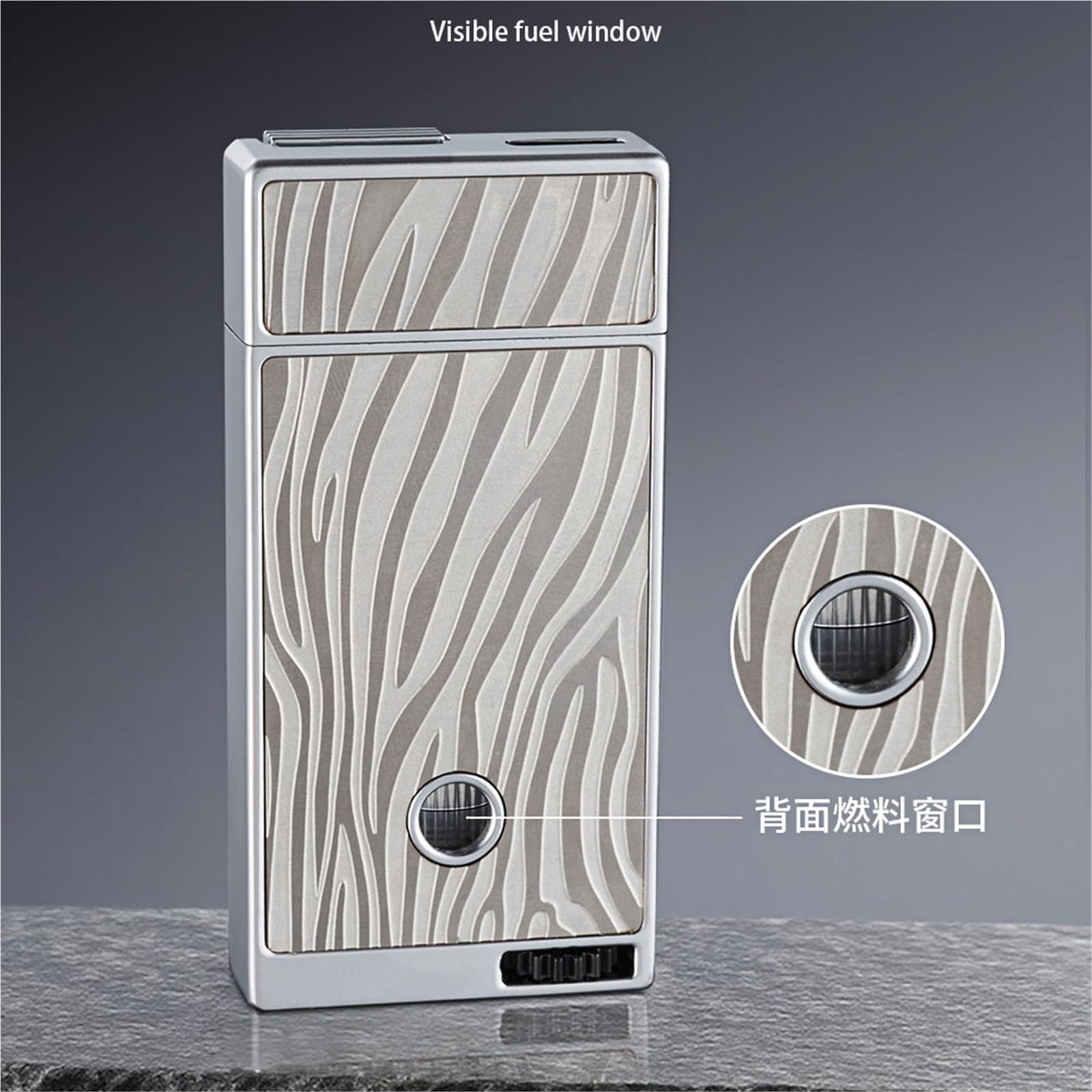 Encendedor plano resistente al viento, tamaño de llama ajustable, tanque de combustible visible, ideal para cigarrillos, fogatas, velas y hogueras