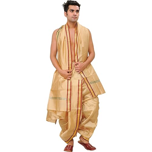 Ready to Wear Dhoti and Angavastram Set with Woven Golden Border - Art Silk