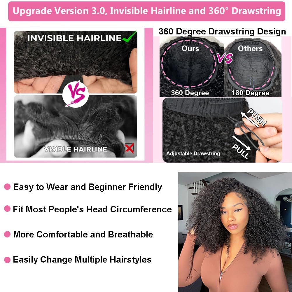 Virginess Kinky Curly Human Hair Half Wig, Glueless Drawstring Headband Style