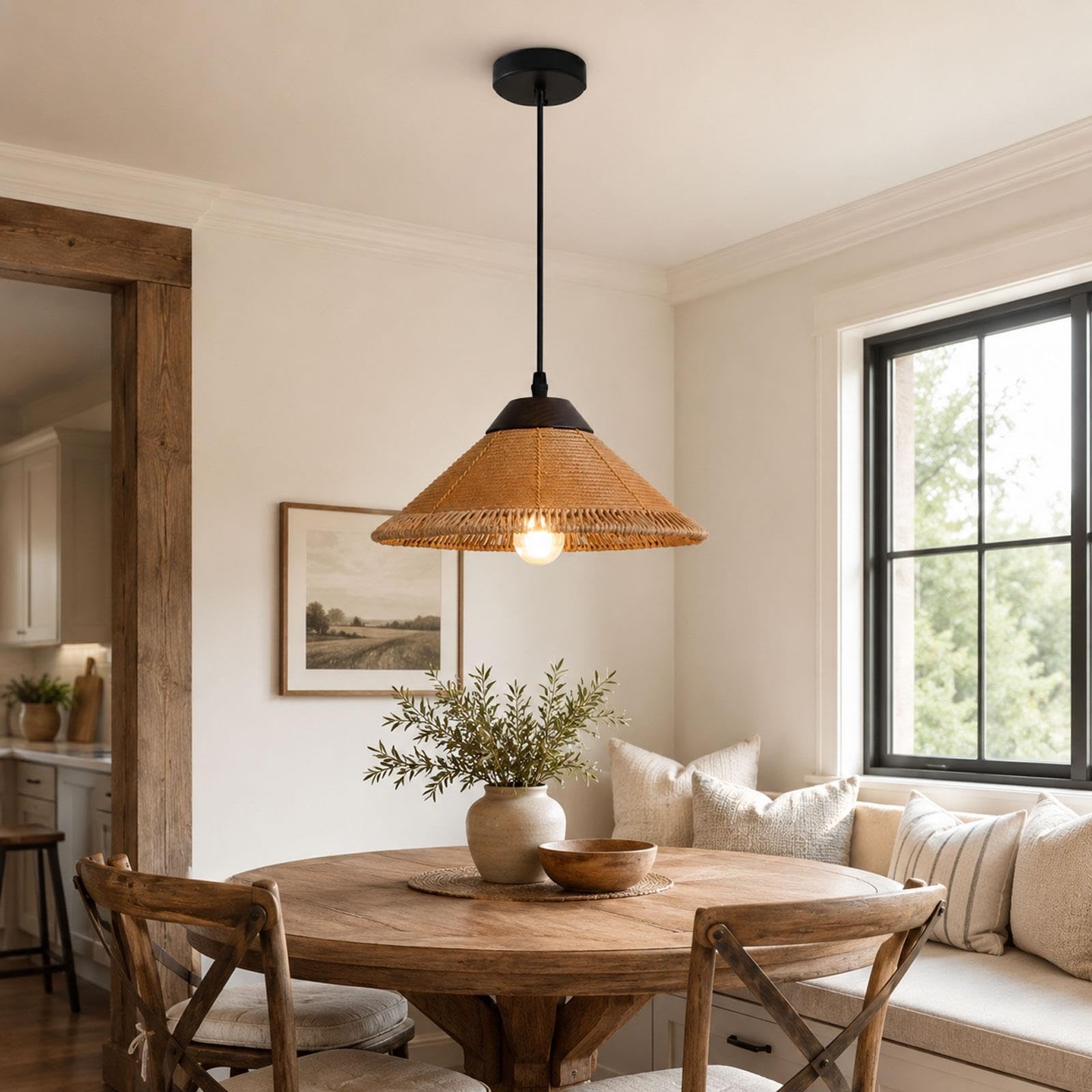 Wisząca lampa z ręcznie tkanego liny, stożek styl wiejski
