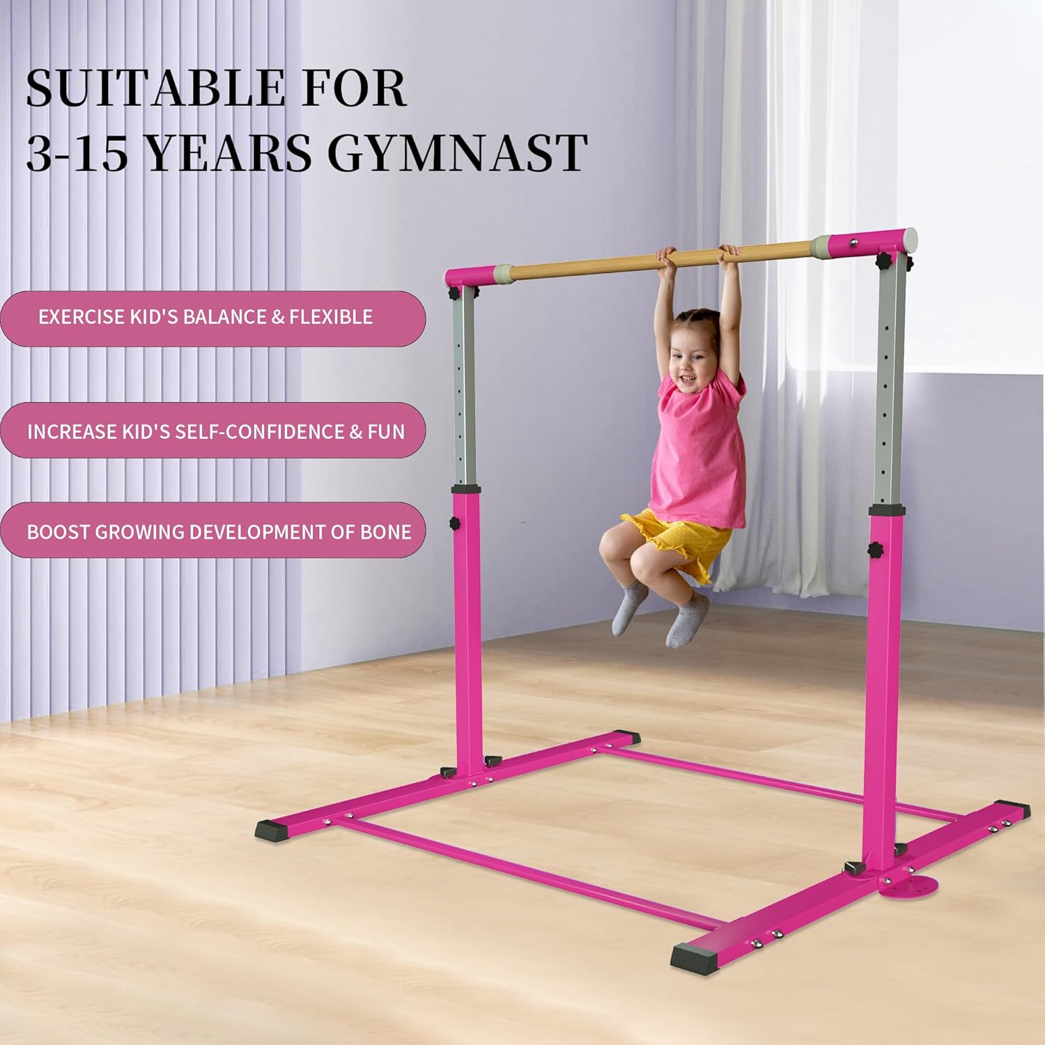 EL&IT·Wings Gymnastic Kip Bar,Horizontal Bar for Kids Girls Junior,3' to 5' Adjustable Height,Home Gym Equipment,Ideal for Indoor and Home Training,300lbs Weight Capacity