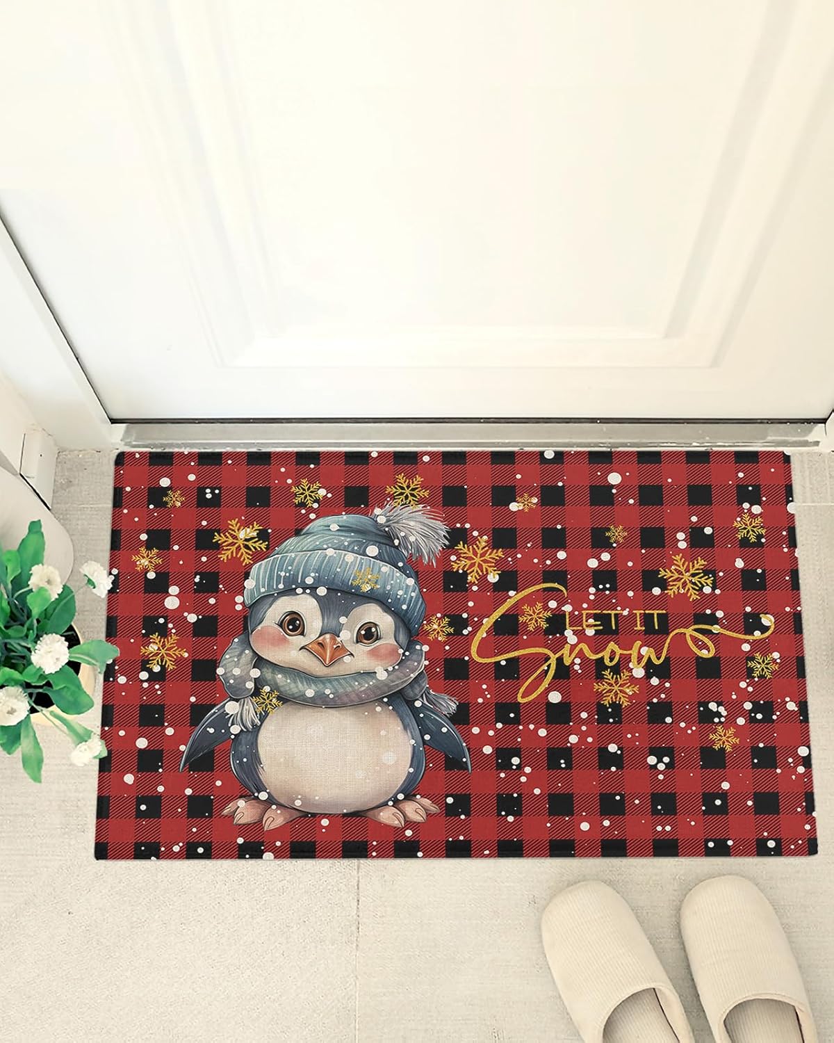 Cute Animal Plush Shag Bath Rugs Christmas Penguin Snowflake on Plaid Soft Fluffy Floor Doormat Carpet,Non-Slip Door Mats for Living Room Bedroom Kitchen Entryway Red Black