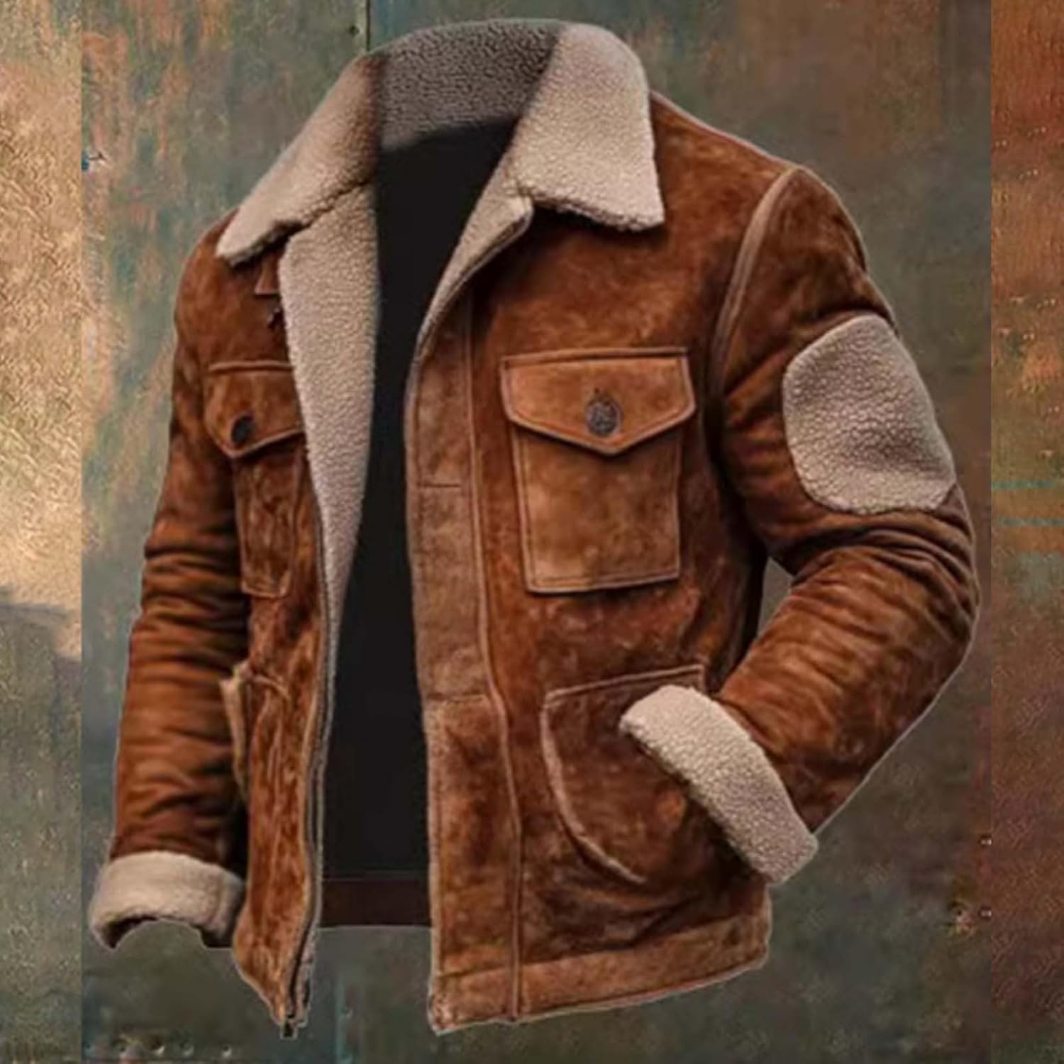 Western Jacket for Men Vintage Cowboy Suede Jacket Plush Collar Coats Faux Leather Zip Up Casual Retro Winter Clothes - Image 3