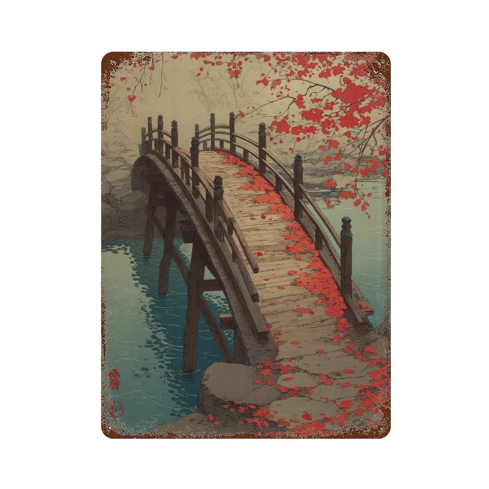 xiaoxiaoshen Autumn Maple Bridge. Japanese Ukiyo Wall Decor Art Metal Tin Poster Modern Home Decor Art Home Bar Shop Decorations Vintage Sign 40x30cm