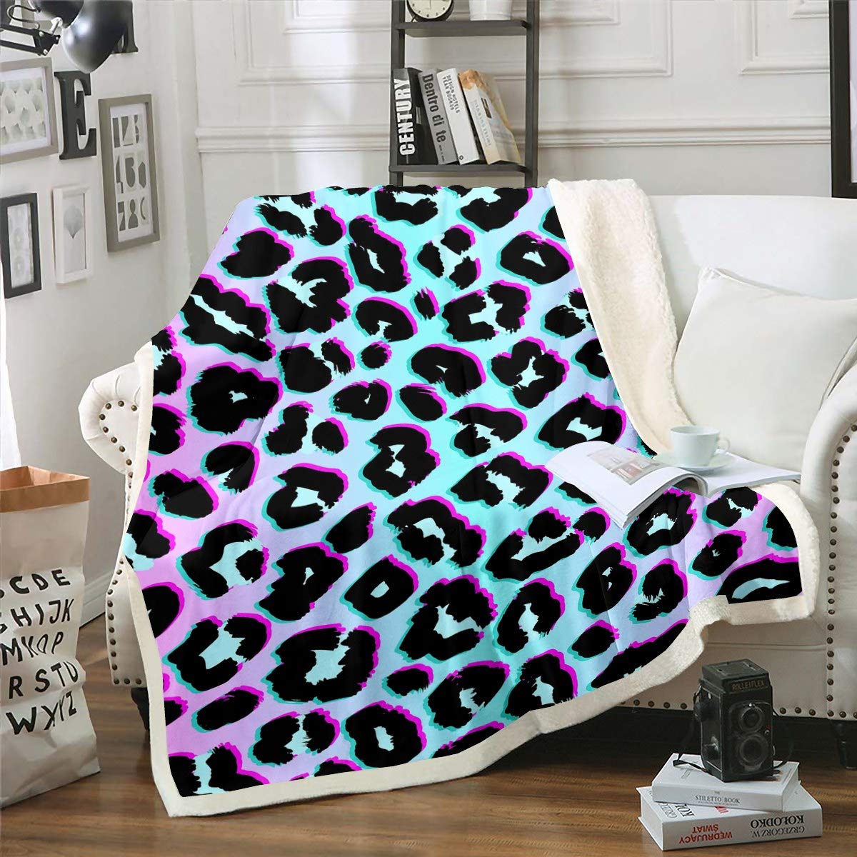 Loussiesd Women's Multi 3 Leopard Plush Blanket Blue Purple Gradient Sherpa Blanket Luxury Leopard Print For Adults Stylish For Sofa Bed Couch Single 50X60 Inch