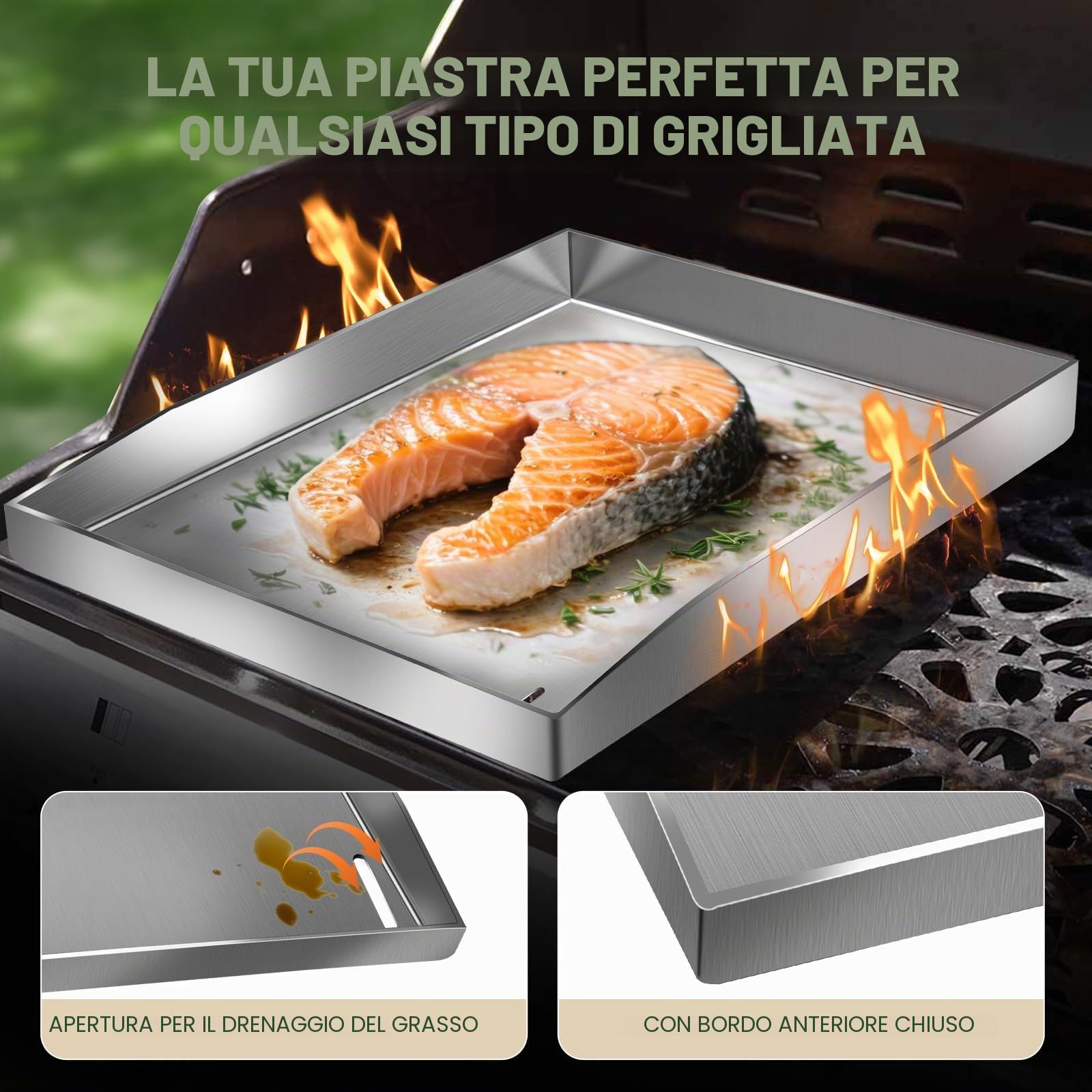 Set Plancha Premium con spatola per barbecue, 30 x 40 cm, in acciaio inox, universale, per barbecue a gas e barbecue a carbone, in acciaio inox, 4 mm