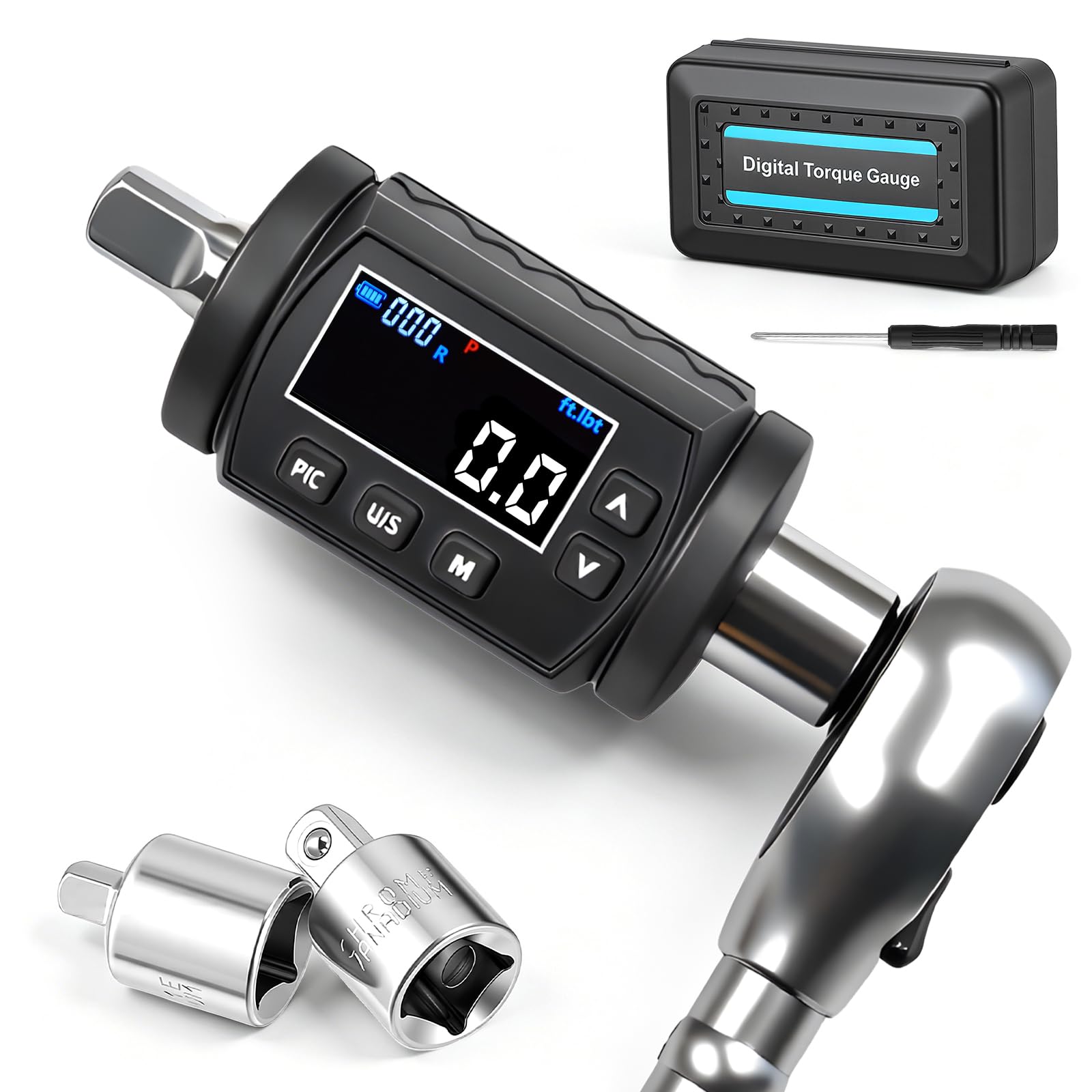 1/2" Digital Torque Gauge Adapter, 10.2-340Nm, 1/4" & 3/8", ±2% Accuracy