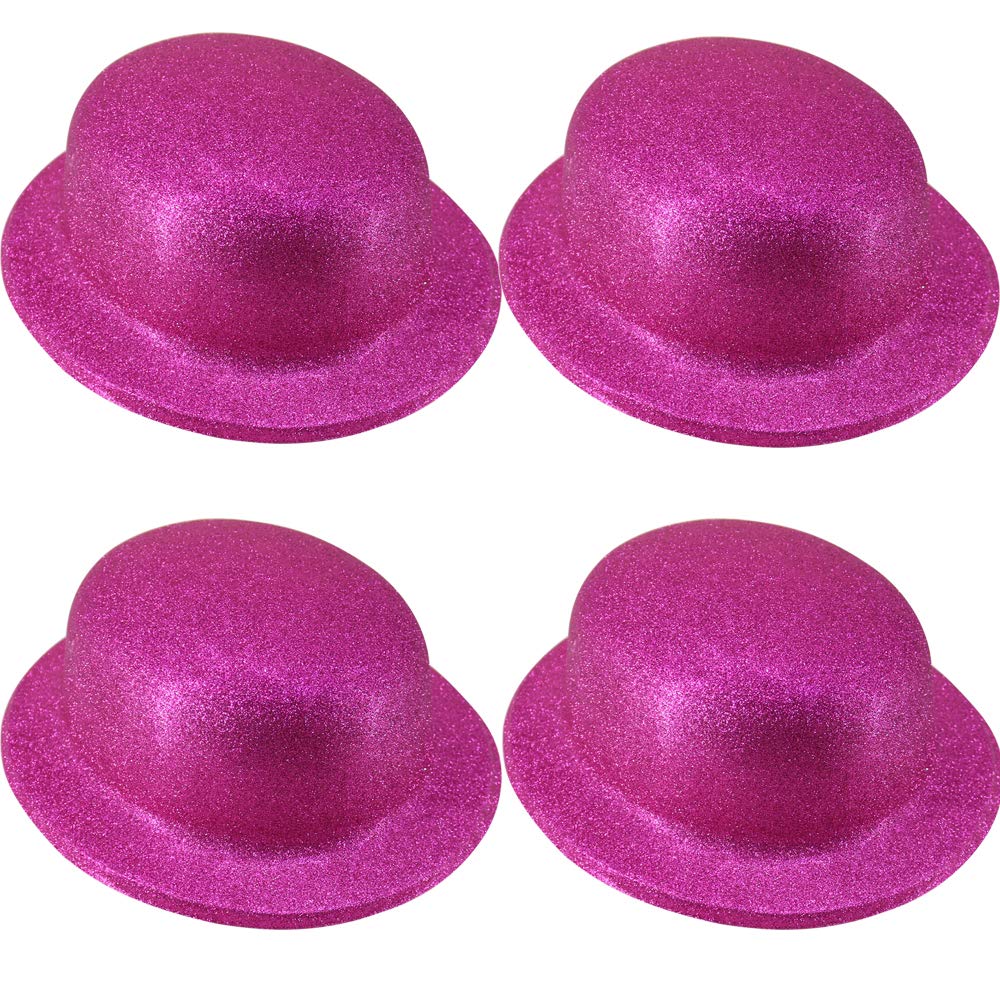 Time to Sparkle 4 Pack of Glitter Bowler Hat Unisex Gangster Style Plastic Party Hats Party Headwear Accessory, Glitter Bowler-Rose Red โ image 1