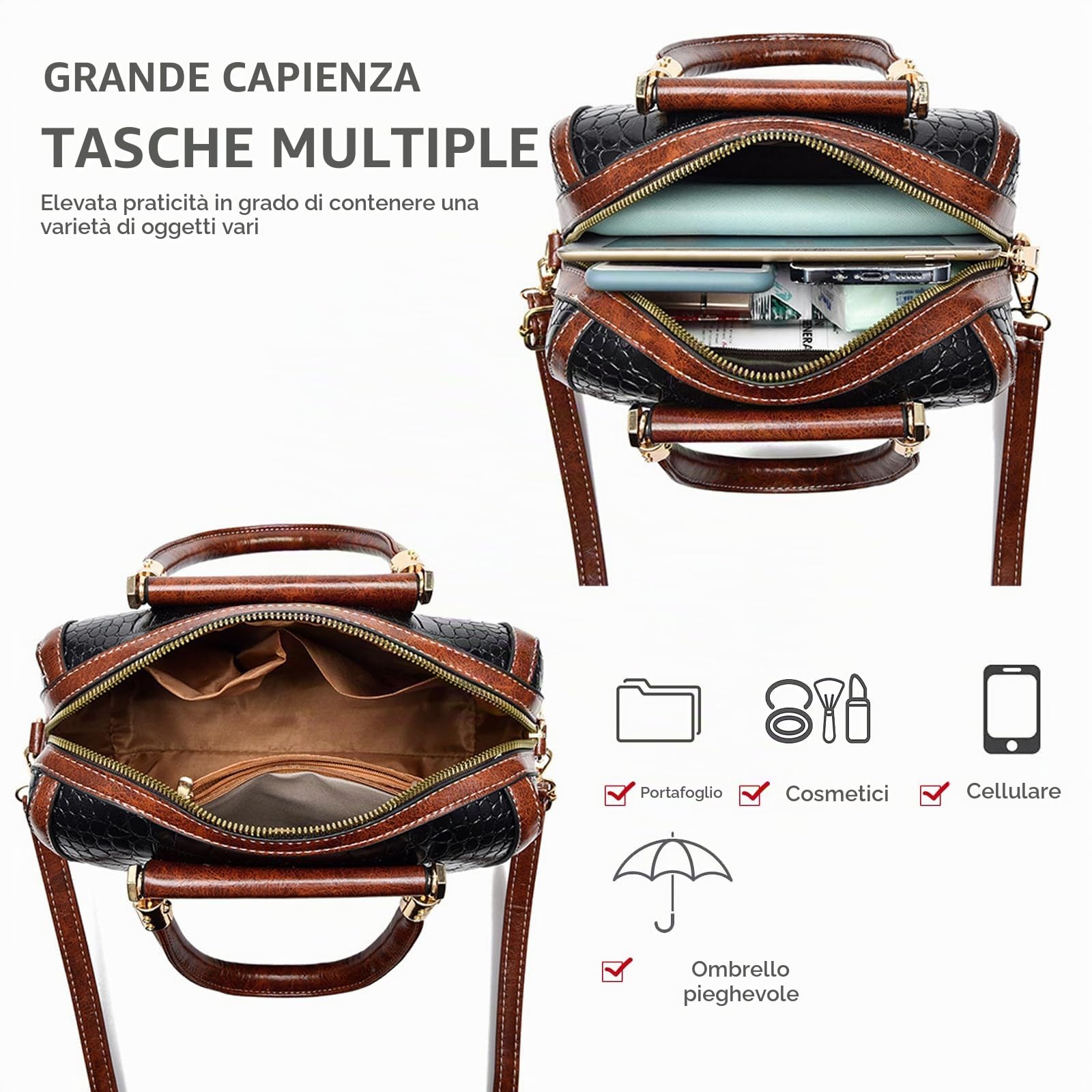 NICOLE & DORIS Borsa Donna Tracolla Moda a Mano Coccodrillo di Spalla Pelle PU Satchel Borsette Pochette Elegante a Bauletto Crossbody Nero
