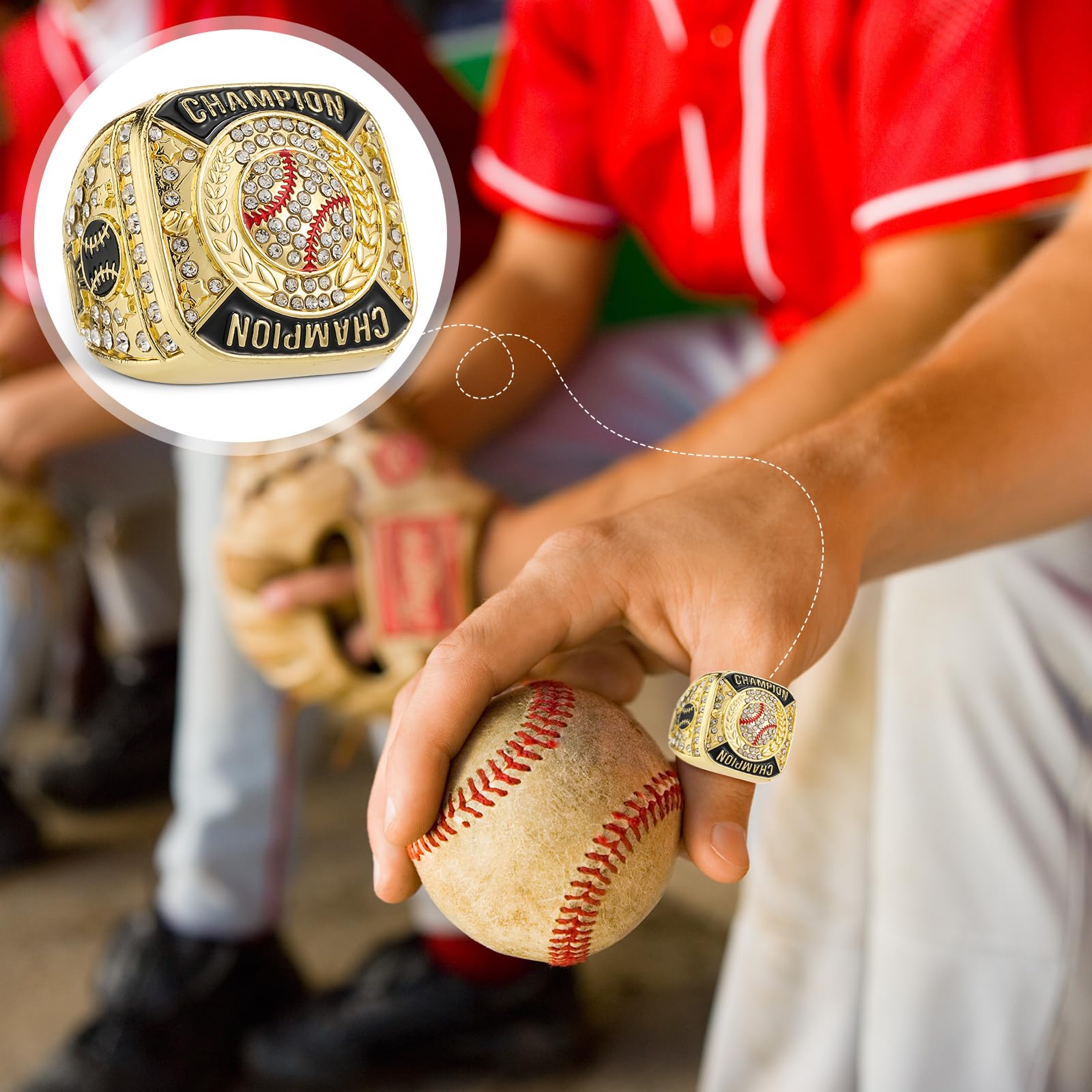 Landical Anillo de campeonato de béisbol, anillo de campeón de béisbol, regalo de premio de trofeo de sóftbol con cadena para el cuello y soporte para campeón de torneo o liga de béisbol ganador